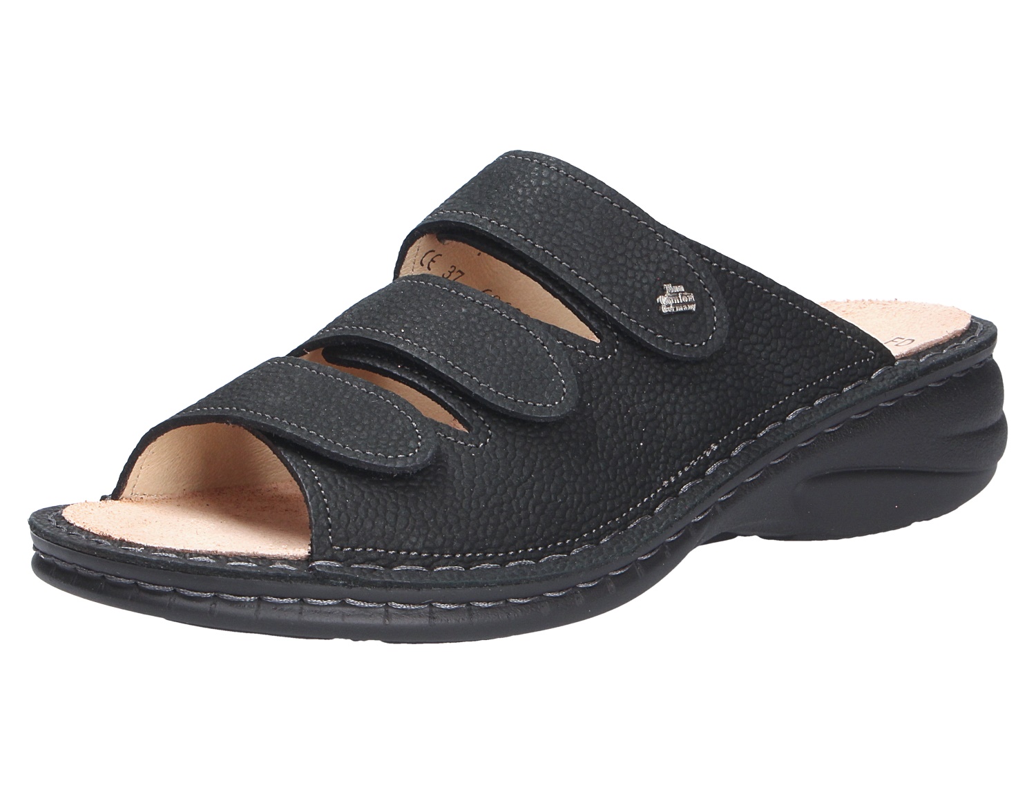 Finn Comfort HELLAS schwarze Damen-Pantolette aus Leder mit drei verstellbaren Klettverschlüssen und offener Zehenpartie