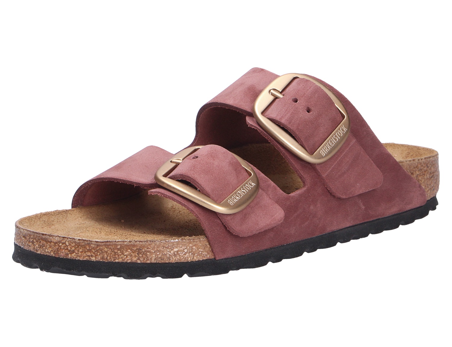 Birkenstock Arizona Big Buckle Sandale in Altrosa aus Veloursleder mit zwei breiten Riemen, großen goldfarbenen Schnallen und Kork-Latex-Fußbett