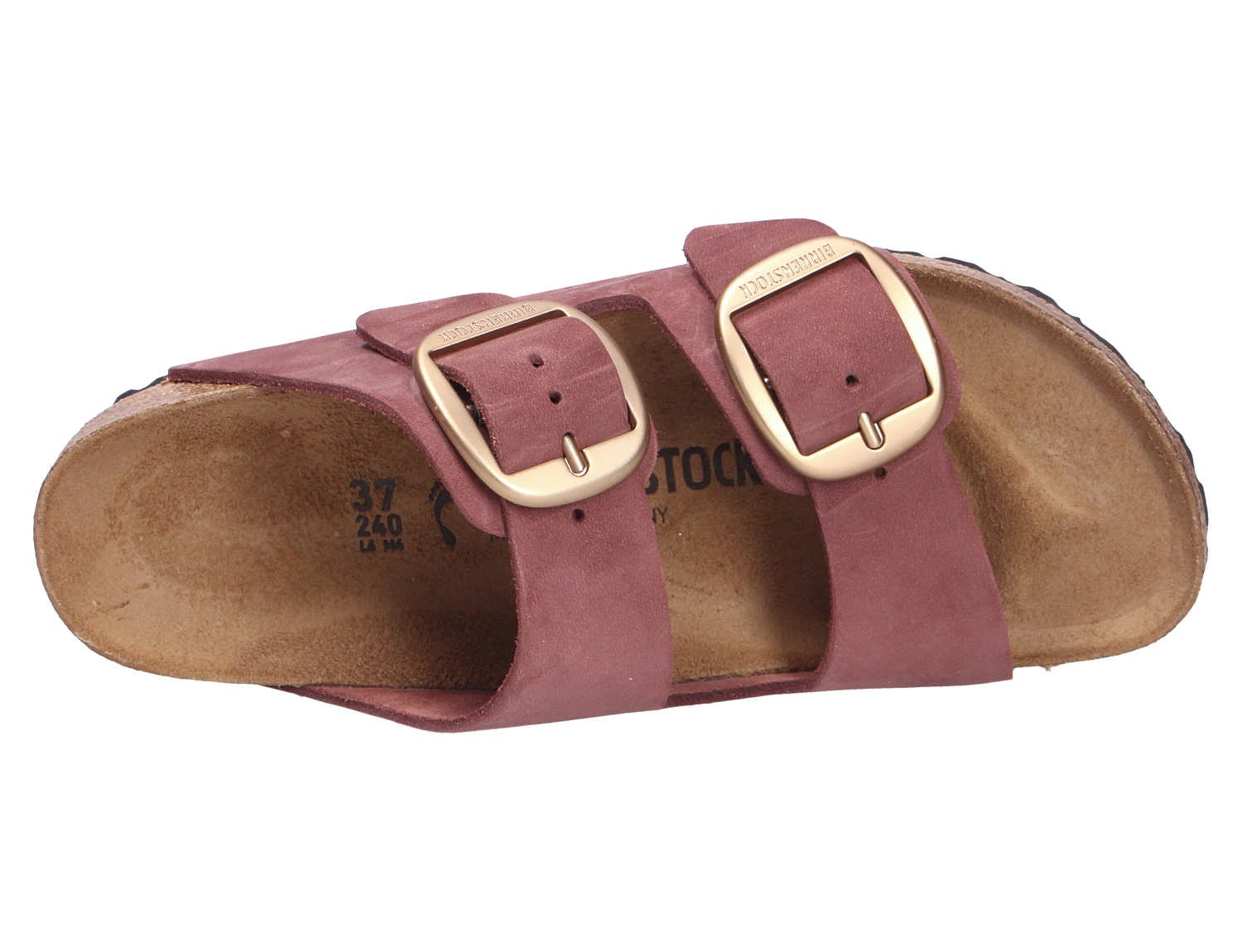 Birkenstock Arizona Big Buckle Pantolette in Altrosa, Ansicht von oben, mit zwei verstellbaren Riemen, großen goldfarbenen Schnallen und anatomischem Kork-Latex-Fußbett