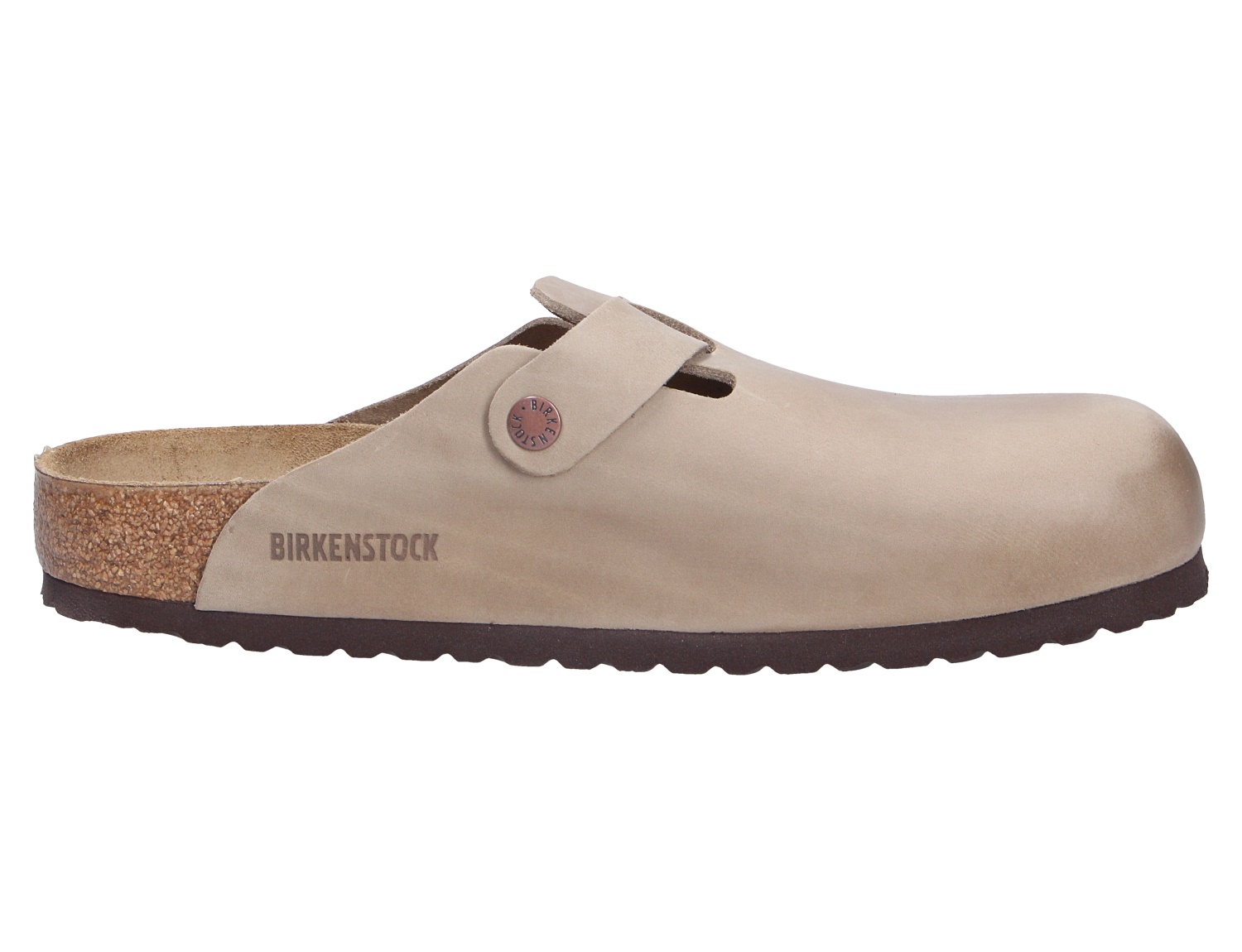 Birkenstock Boston Clog in Beige mit verstellbarem Riemen und Korksohle, Seitenansicht