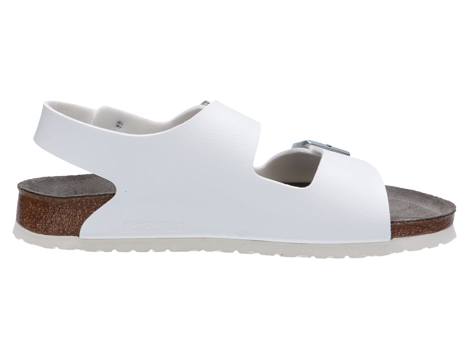 Seitenansicht der weißen Birkenstock Milano BS ESD Herrensandale mit Fersenriemen, verstellbarer Schnalle und Kork-Latex-Fußbett für luftigen Komfort und sicheren Halt an langen Arbeitstagen
