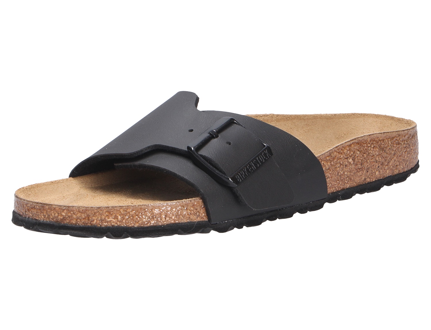 Birkenstock Catalina Pantolette in Schwarz, Ansicht schräg von der Seite, mit breitem Riemen, großer Schnalle, Birko-Flor-Obermaterial und anatomischem Kork-Latex-Fußbett