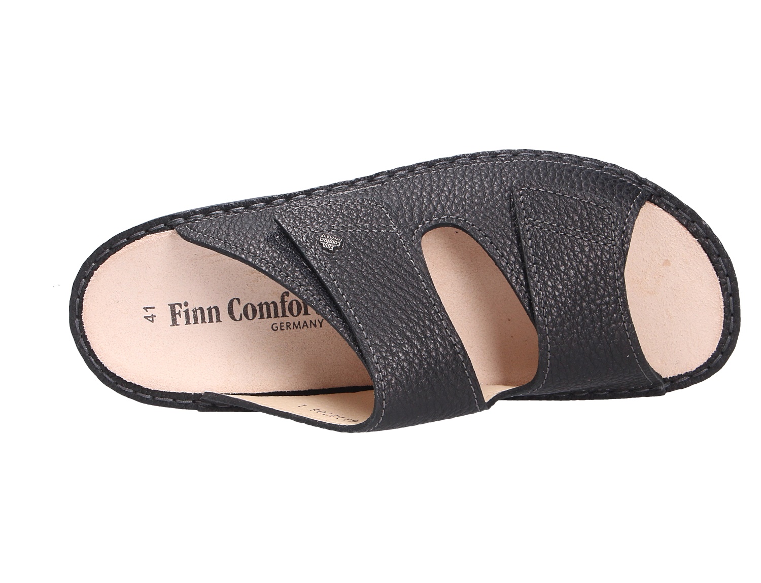 Finn Comfort Riad Herren-Pantolette aus schwarzem genarbtem Leder mit offenem Zehenbereich und Komfortfußbett, Draufsicht