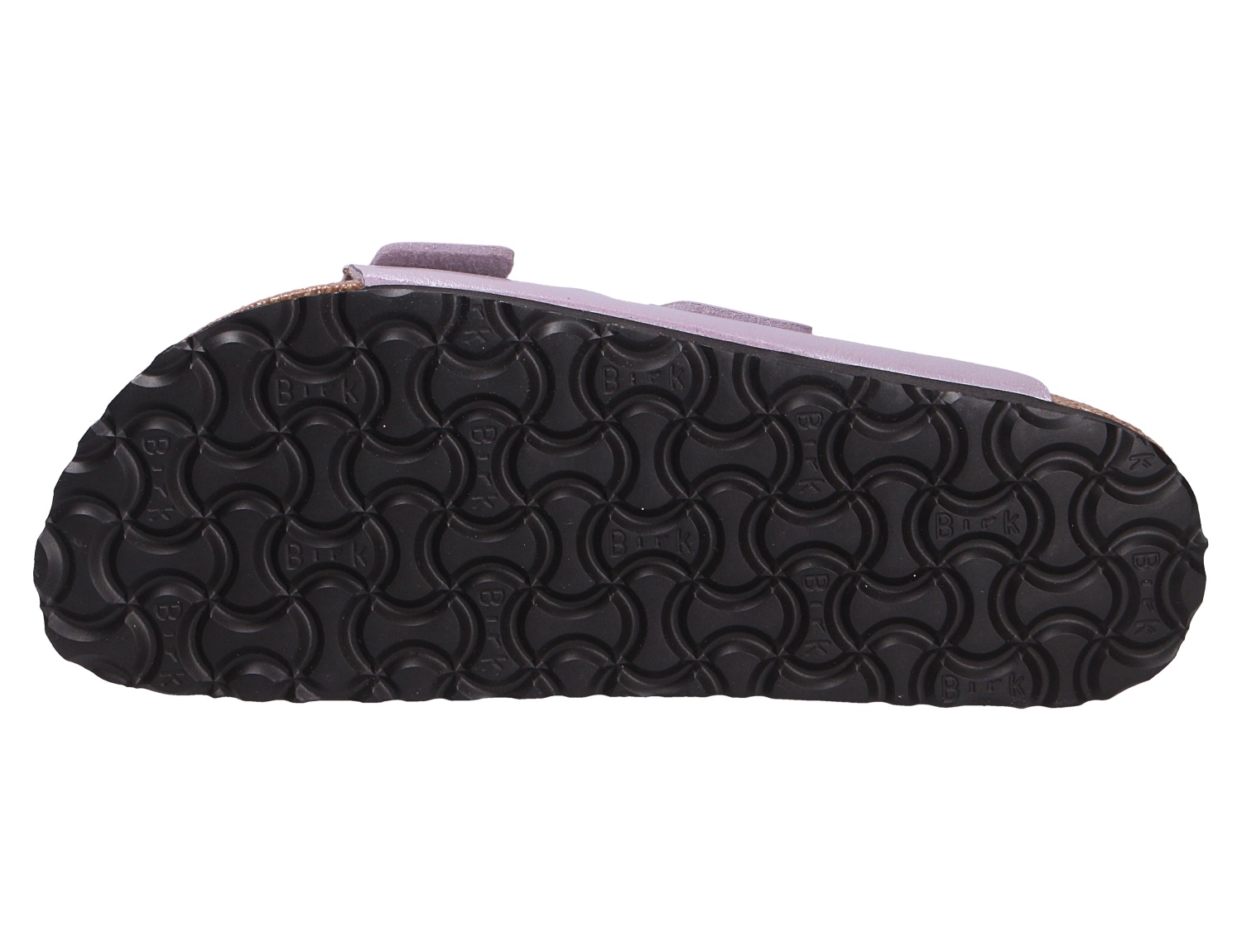 Unteransicht der Birkenstock Arizona Sandale mit schwarzer Profilsohle und violettem Fußbett