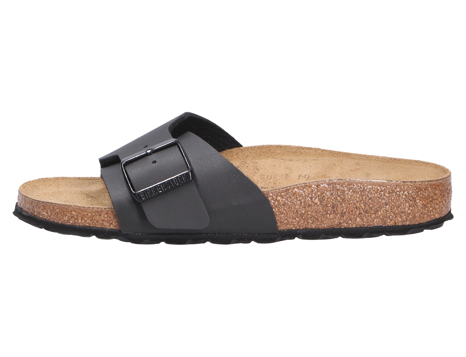 Seitenansicht der Birkenstock Catalina Pantolette in Schwarz aus Birko-Flor mit großer Schnalle und anatomischem Kork-Latex-Fußbett
