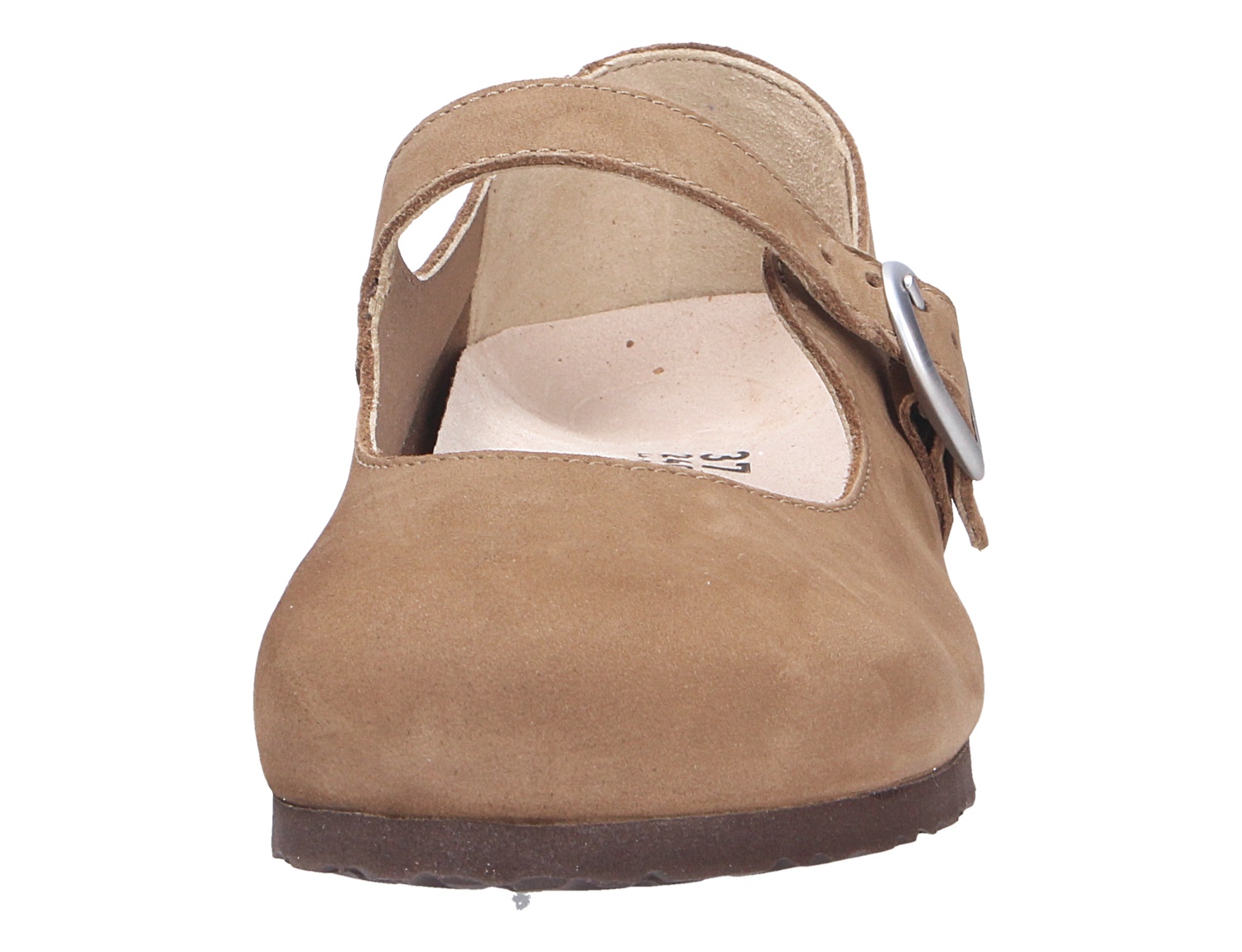 Frontansicht des Birkenstock Santa Clarita Clogs in Taupe aus Veloursleder mit geschlossenem Vorderfuß und verstellbarem Riemen