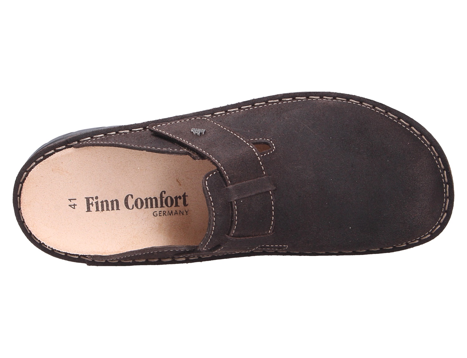 Draufsicht auf den Finn Comfort PETARE Herren-Halbschuh in Dunkelbraun mit Klettverschluss und weichem Fußbett