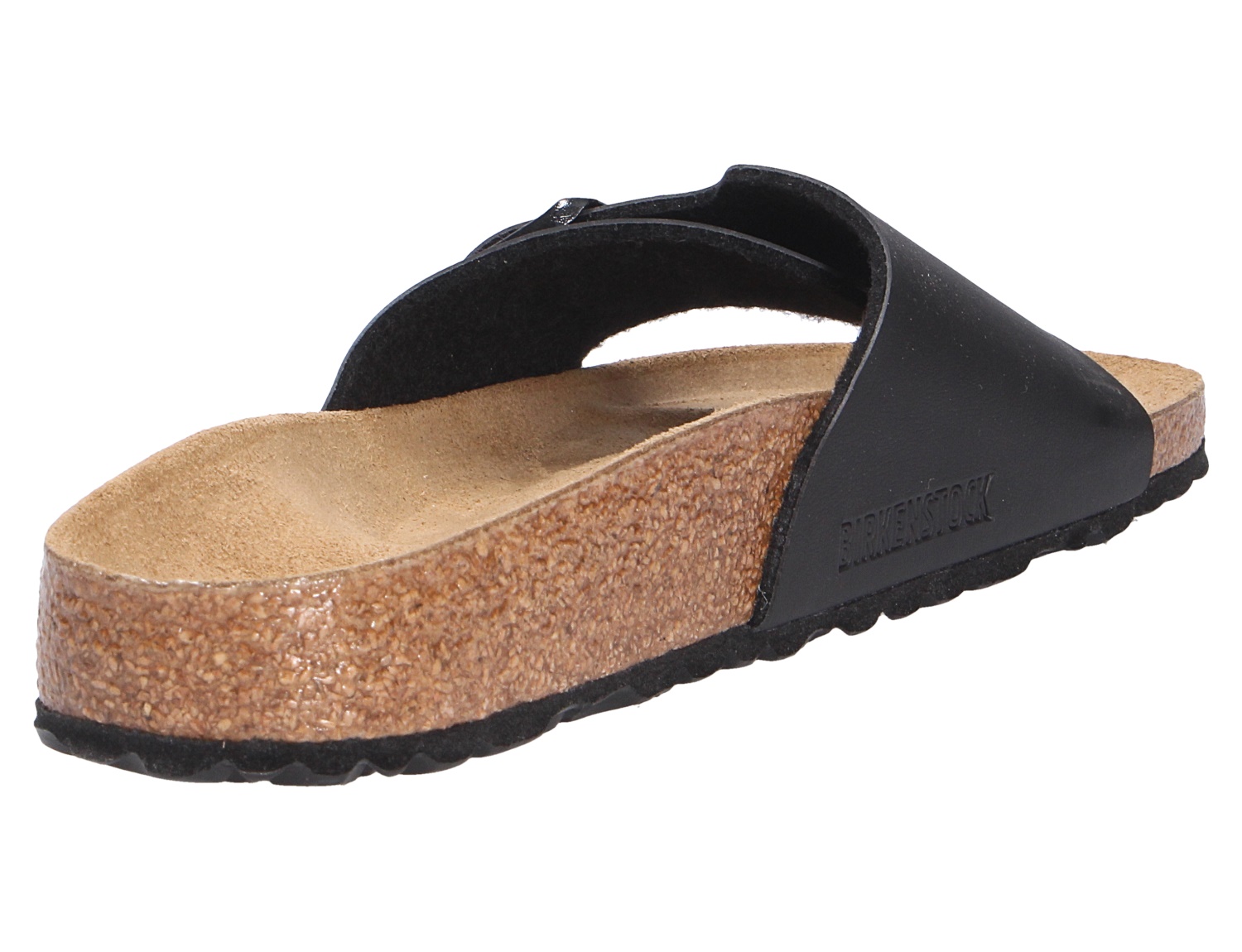 Birkenstock Catalina Pantolette in Schwarz, seitliche Ansicht mit breitem Birko-Flor-Riemen und anatomischem Kork-Latex-Fußbett für hohen Tragekomfort