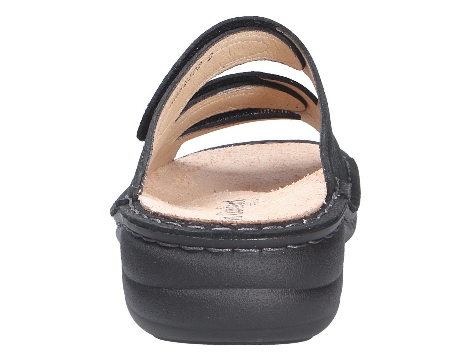 Rückansicht der schwarzen Finn Comfort HELLAS Pantolette mit breiten Klettverschlüssen und bequemer Laufsohle