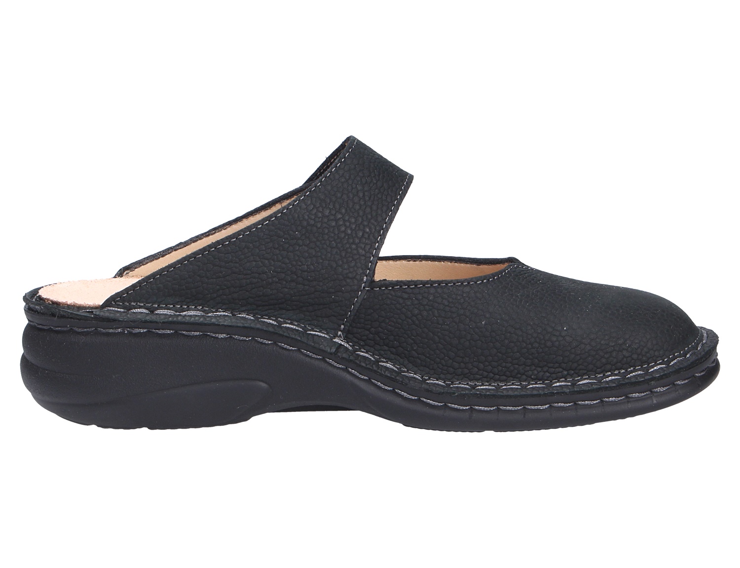 Finn Comfort CANARO schwarzer Damen-Clog aus Leder mit offener Ferse und bequemer Komfortsohle, Seitenansicht