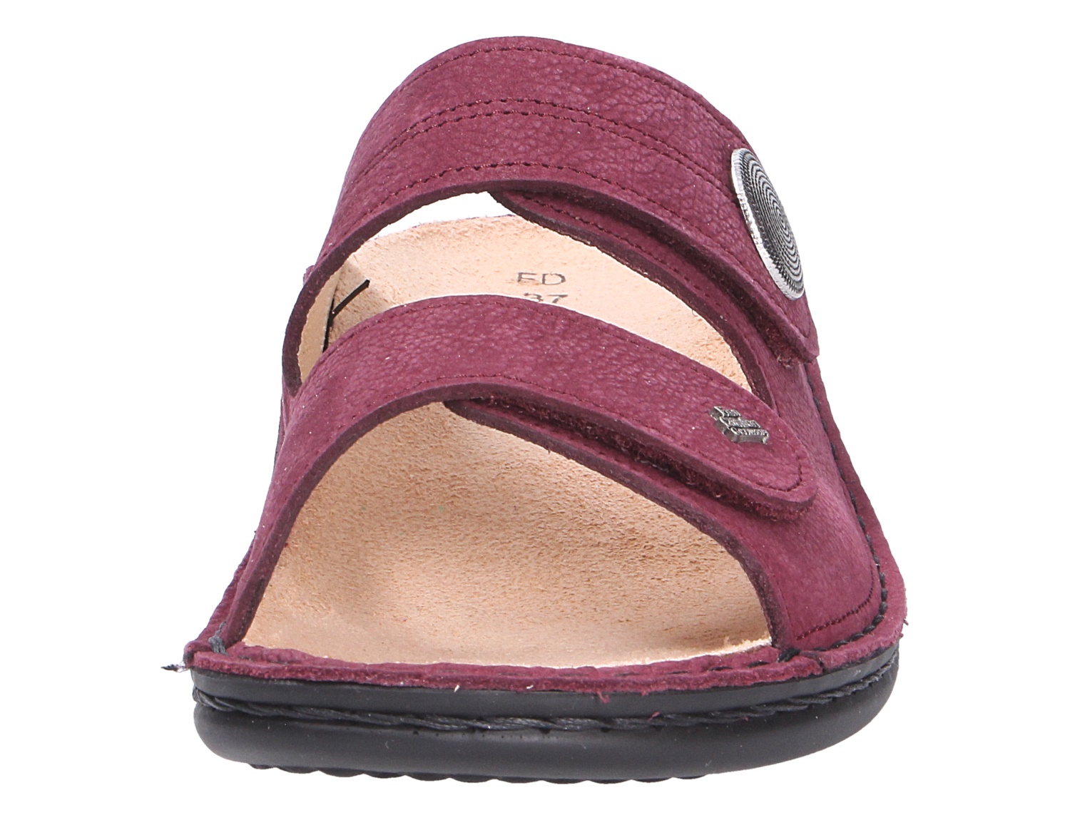 Frontansicht der Finn Comfort SANSIBAR Pantolette in Beere mit zwei verstellbaren Klettverschlüssen und komfortablem Fußbett