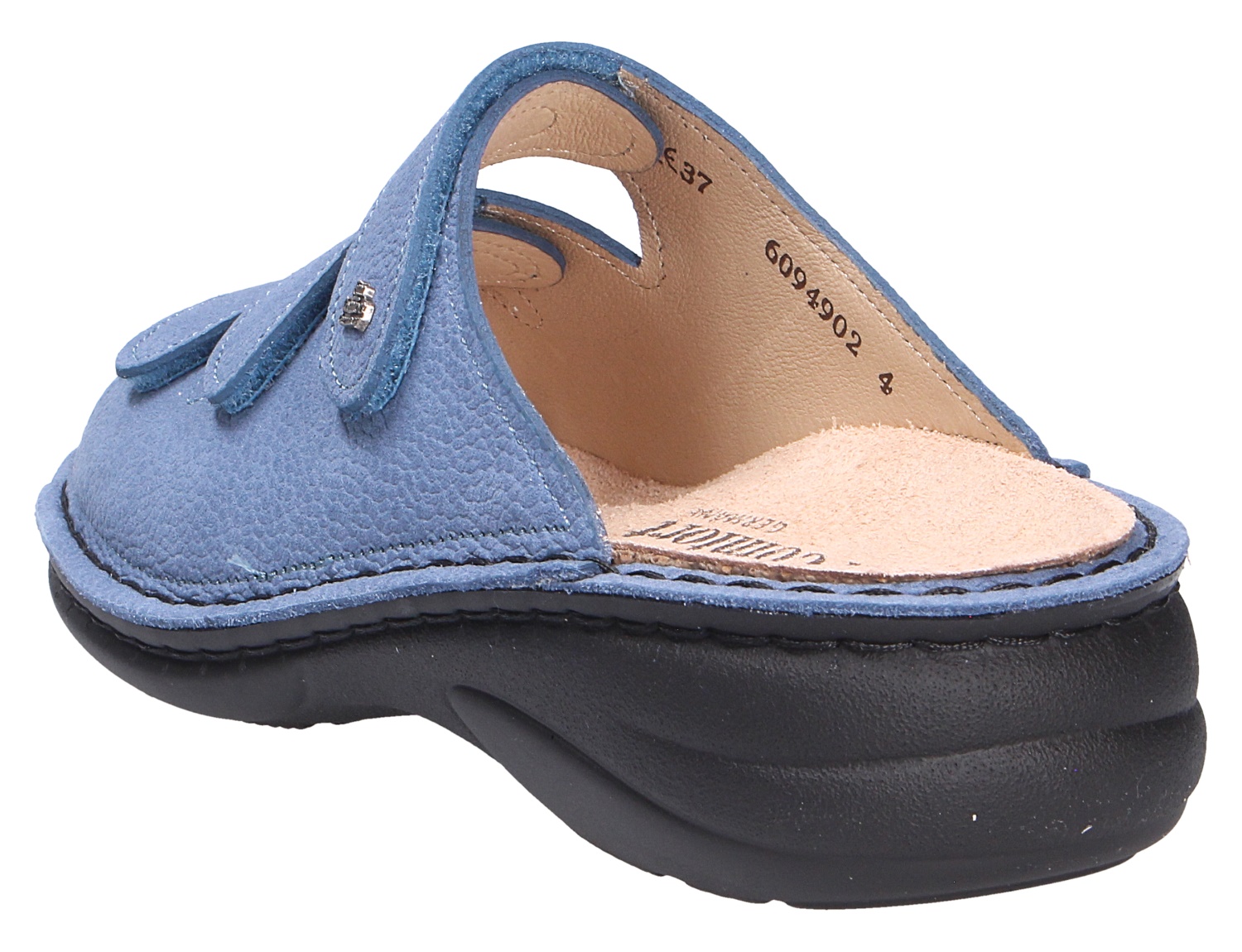 Finn Comfort HELLAS Damen-Pantolette in Blau, bequemer Hausschuh mit Klettverschluss, Lederfutter und schwarzer Laufsohle