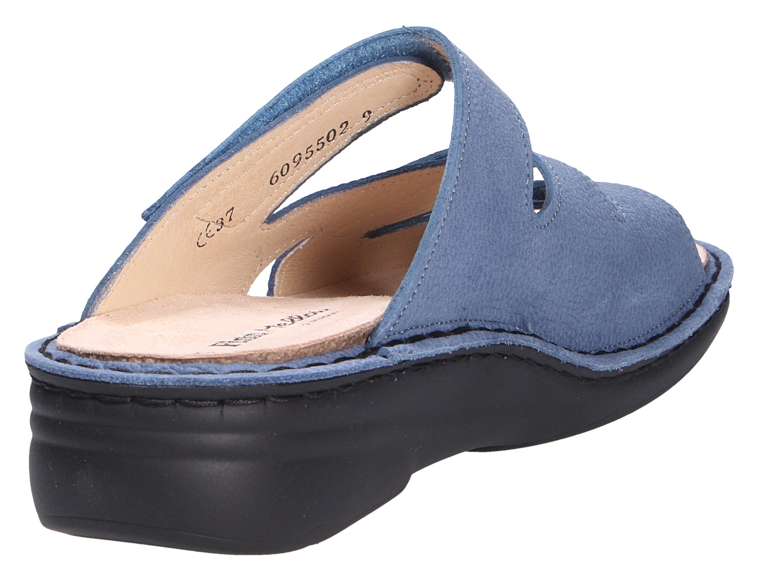 Finn Comfort GRENADA Damen-Pantolette in Blau, bequeme Leder-Sandale mit offenem Einstieg und schwarzer Keilsohle