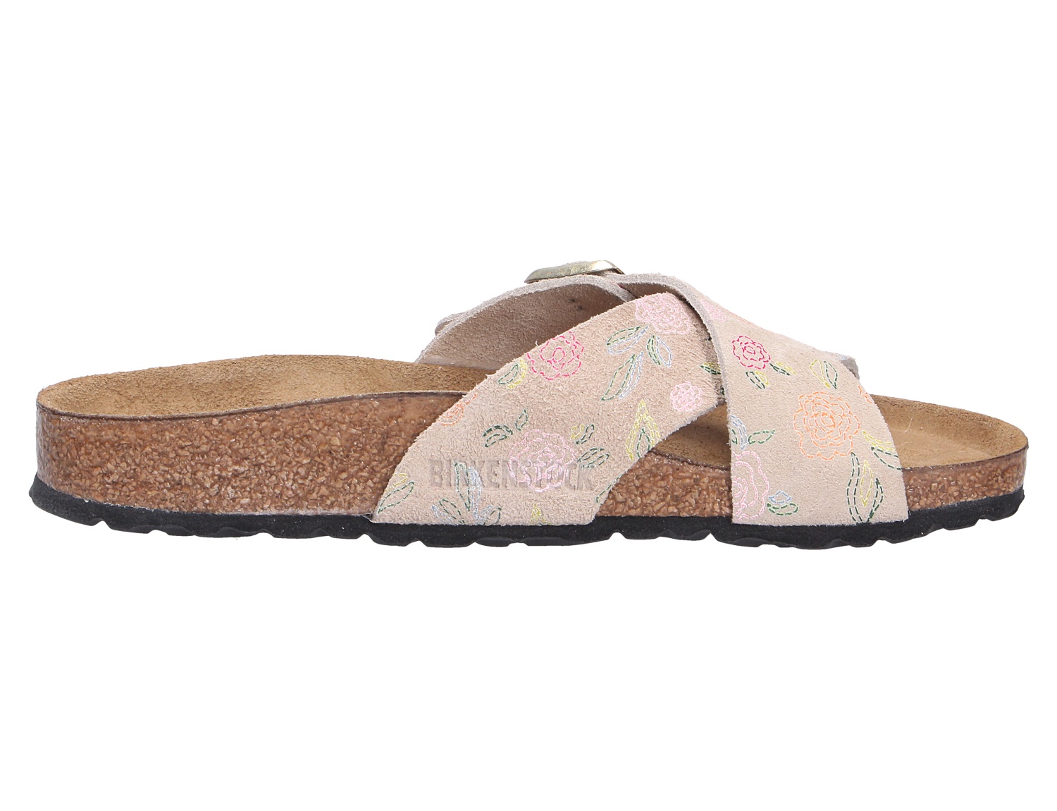 Birkenstock Siena Damen-Pantolette in Rosa mit gekreuzten Riemen, floralem Muster und Kork-Latex-Sohle in der Seitenansicht