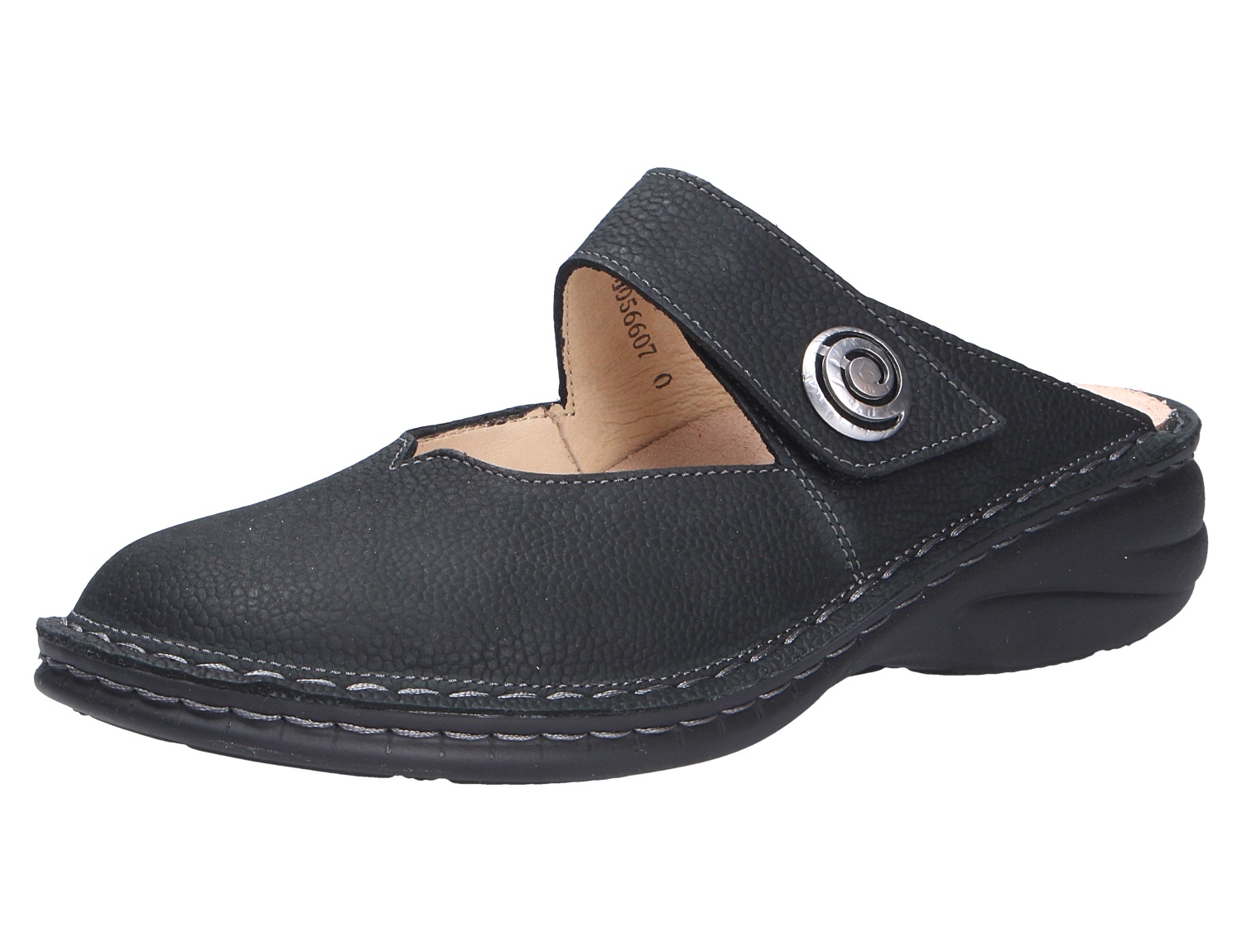 Finn Comfort CANARO Damen-Clog in Schwarz aus genarbtem Leder mit Klettverschluss und bequemer Komfortsohle