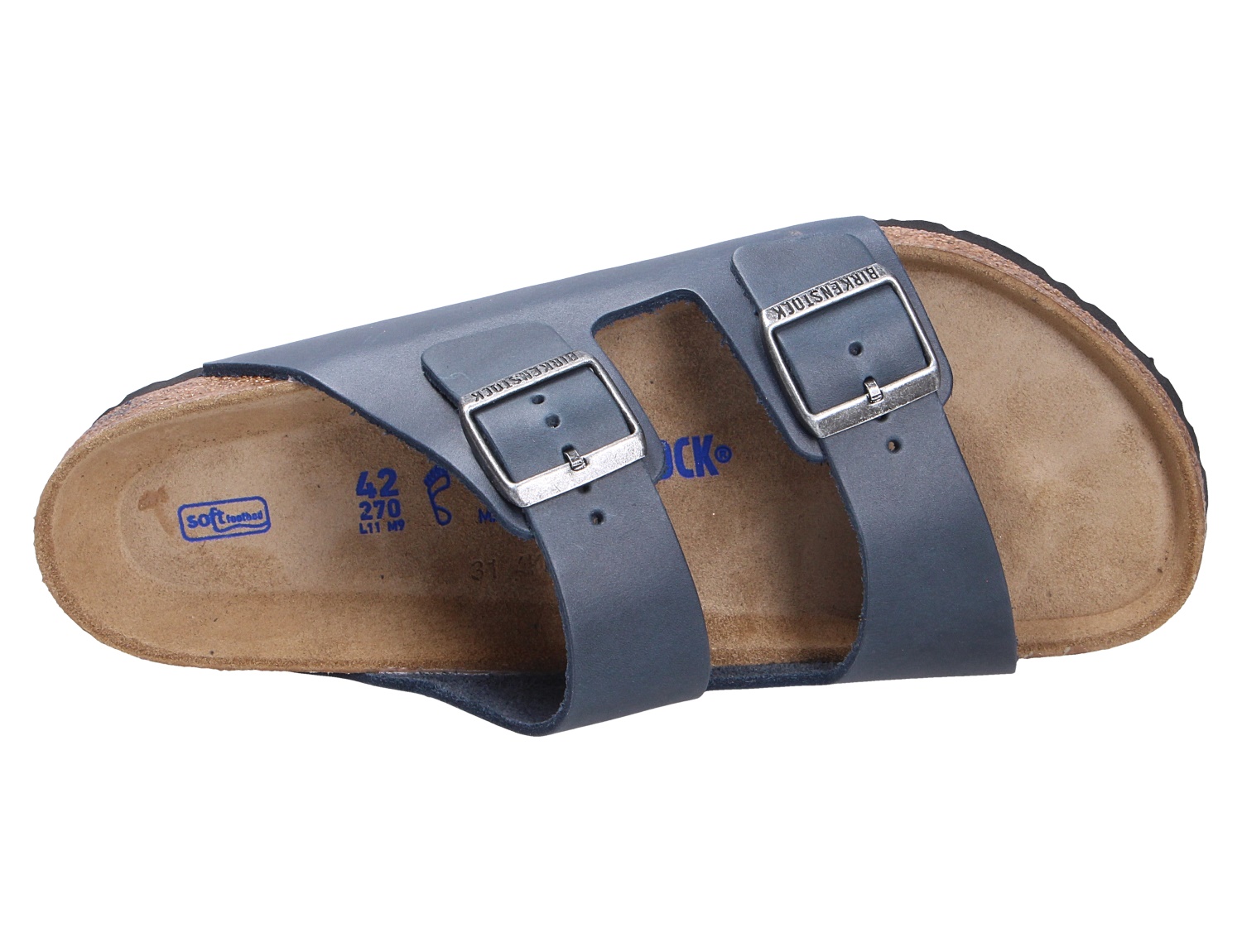 Birkenstock Arizona SFB Pantolette in Dunkelblau, Draufsicht mit zwei verstellbaren Riemen, Soft Footbed und robustem Fett-Nubukleder