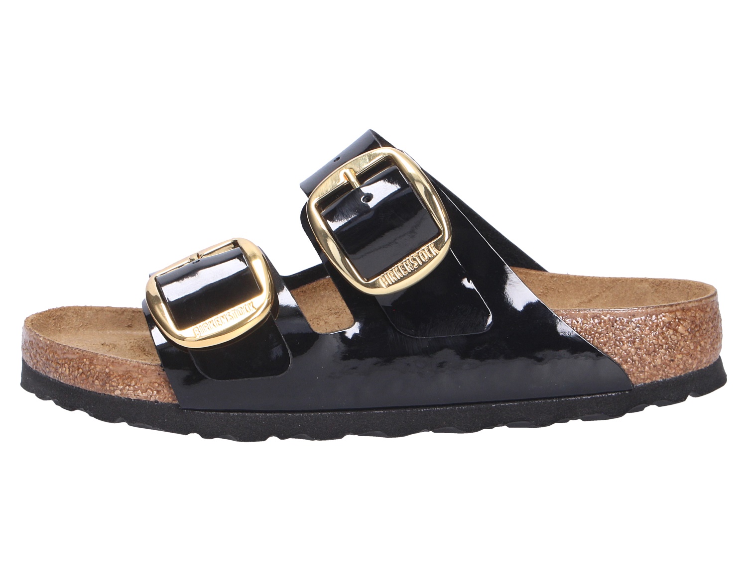 Birkenstock Arizona Big Buckle, schwarze Lack-Sandale mit zwei goldenen Schnallen und Kork-Latex-Fußbett