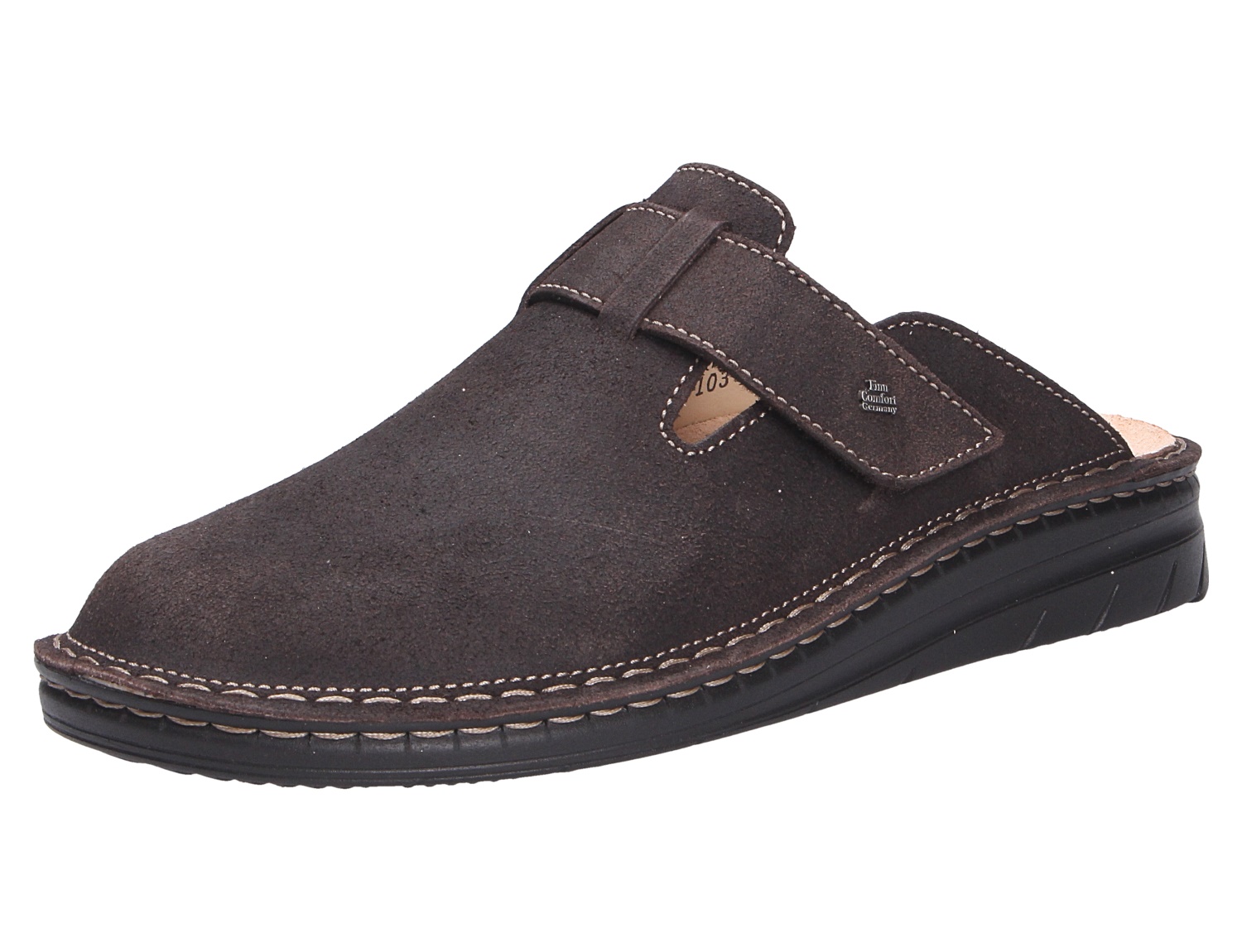 Finn Comfort PETARE Herren-Pantolette in Dunkelbraun aus Veloursleder mit Klettverschluss und geschlossener Vorderkappe