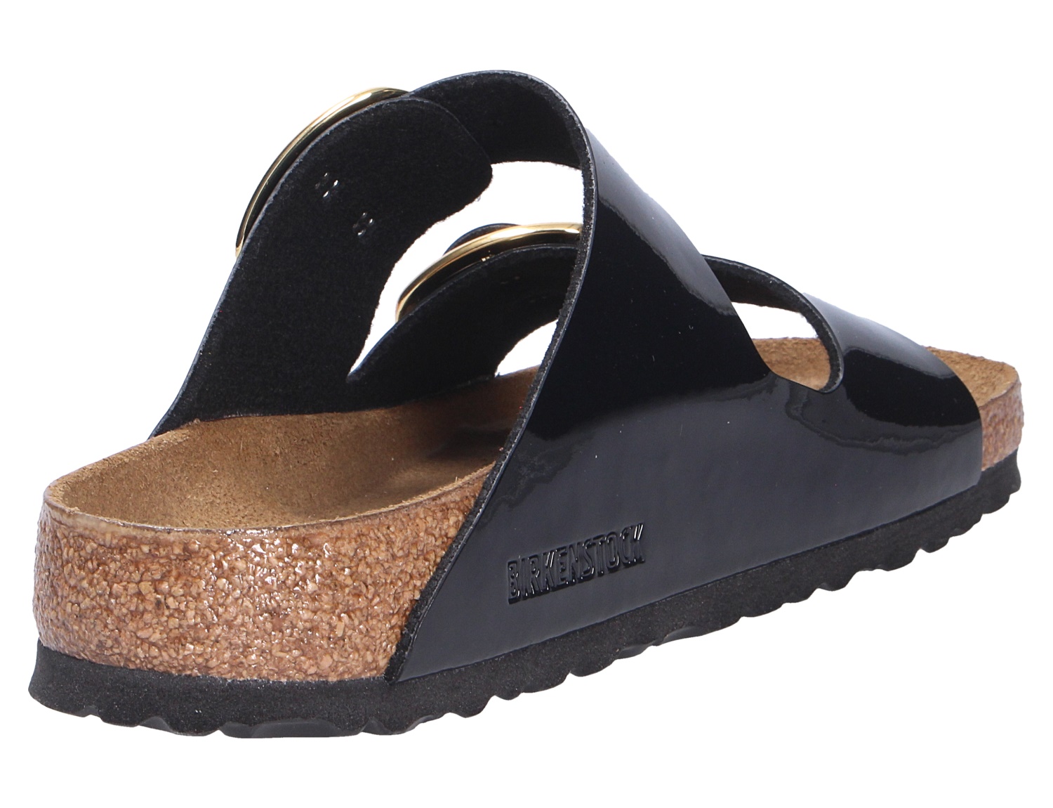 Birkenstock Arizona Big Buckle Pantolette in Schwarzlack mit zwei breiten Riemen, großen goldenen Schnallen und anatomischem Kork-Latex-Fußbett