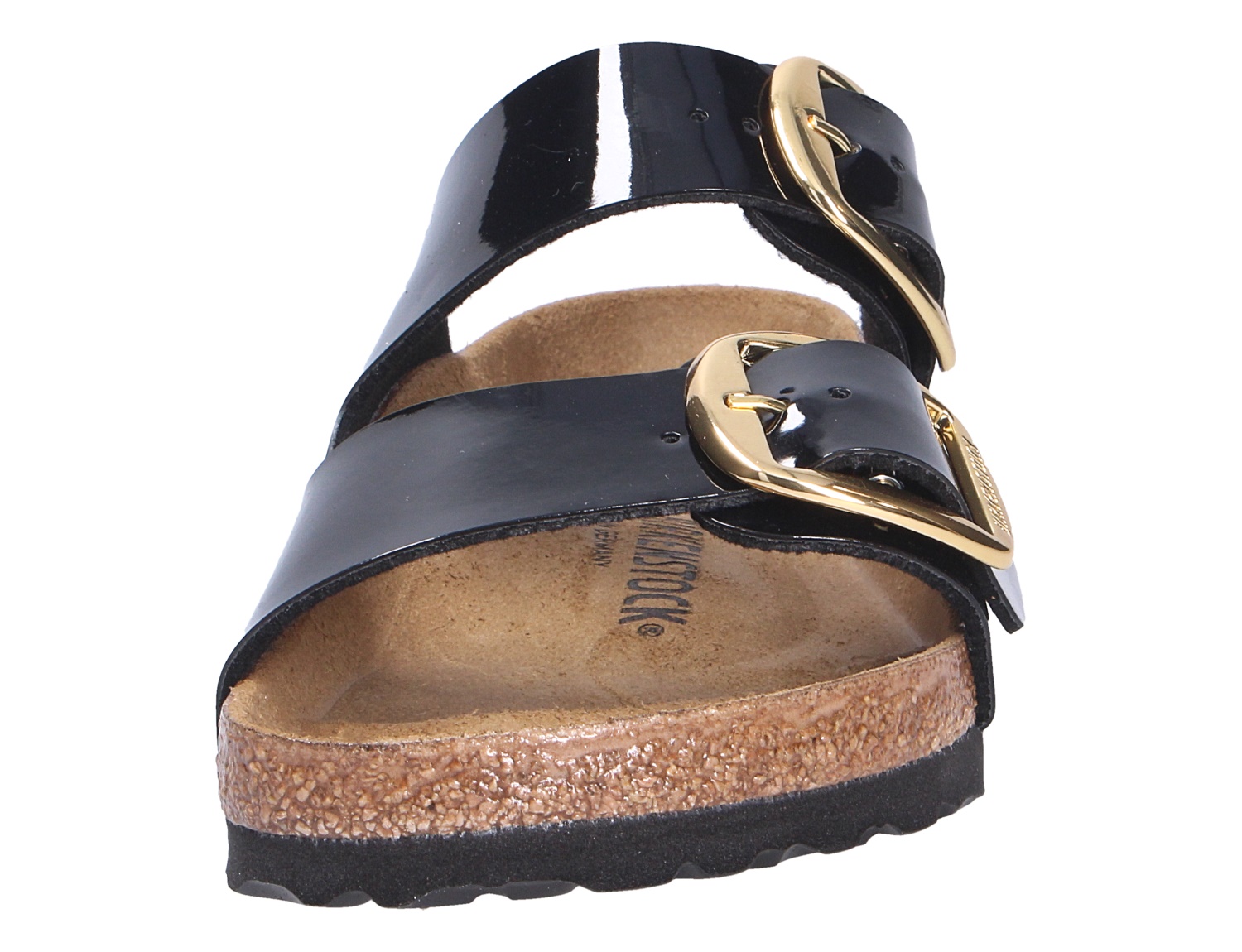 Birkenstock Arizona Big Buckle, schwarze Lackleder-Sandale mit zwei breiten Riemen, goldenen großen Schnallen und Kork-Latex-Sohle in Frontansicht