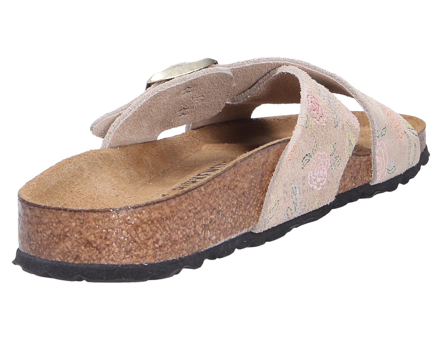 Birkenstock Siena Damen-Pantolette in Beige mit floral bestickten Kreuzriemen, Kork-Latex-Fußbett und schwarzer Laufsohle