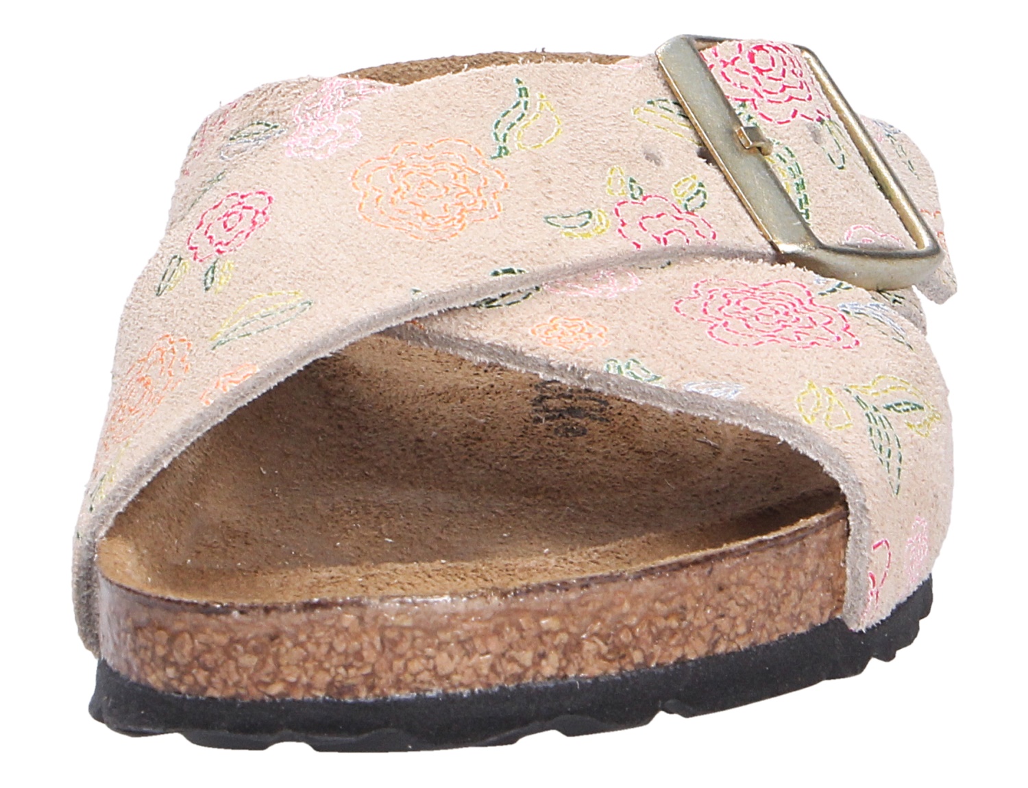 Birkenstock Siena Pantolette in Beige mit floralem Muster, breitem Riemen, großer Metallschnalle und Kork-Latex-Sohle