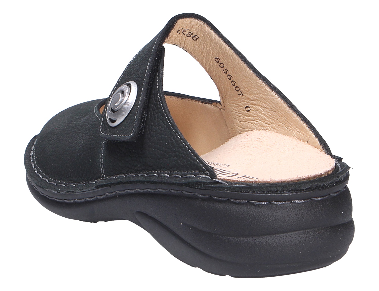 Finn Comfort CANARO schwarze Damen-Pantolette aus Leder mit Klettverschluss, offener Ferse und bequemer Komfortsohle