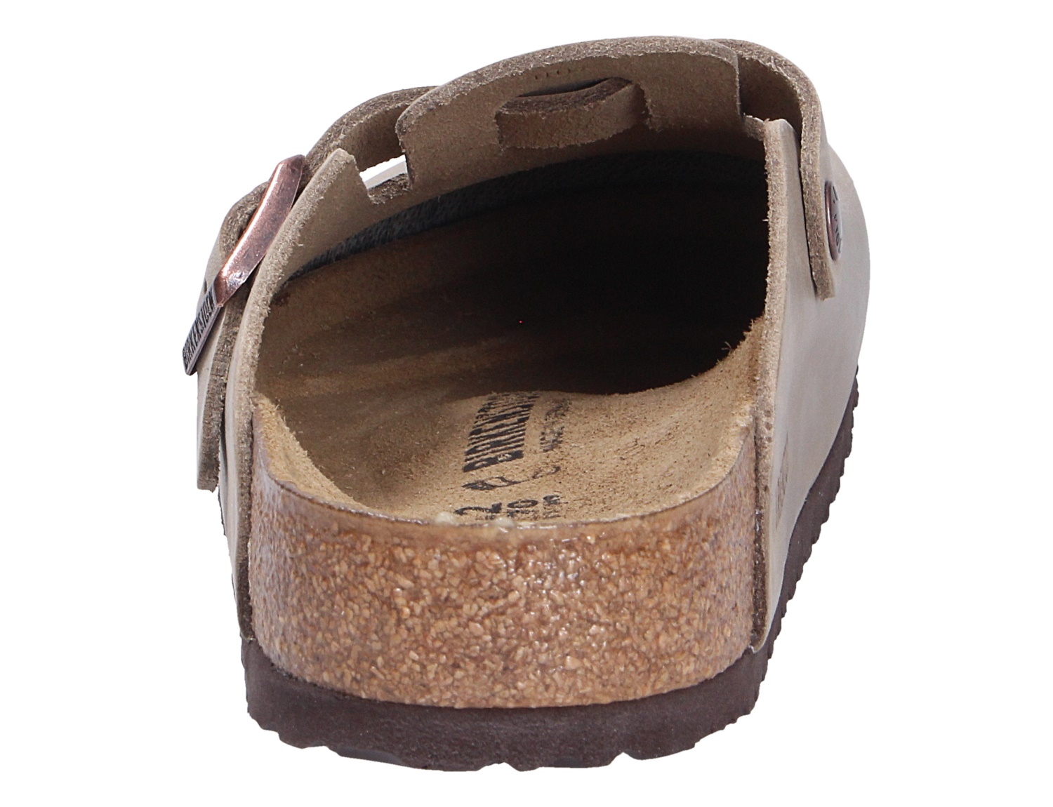 Rückansicht des Birkenstock Boston Clogs in Braun mit verstellbarer Schnalle, geschlossenem Obermaterial und typischer Kork-Latex-Sohle