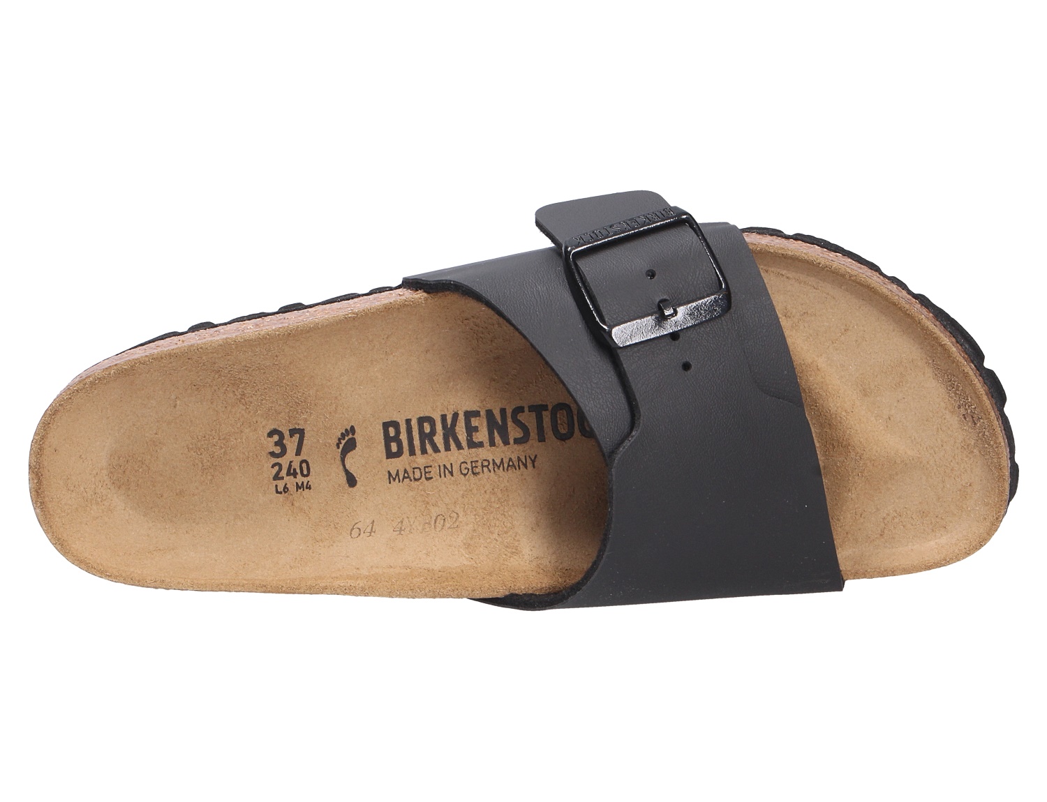 Birkenstock Catalina Pantolette in Schwarz aus Birko-Flor, Draufsicht mit verstellbarer Schnalle und anatomischem Fußbett