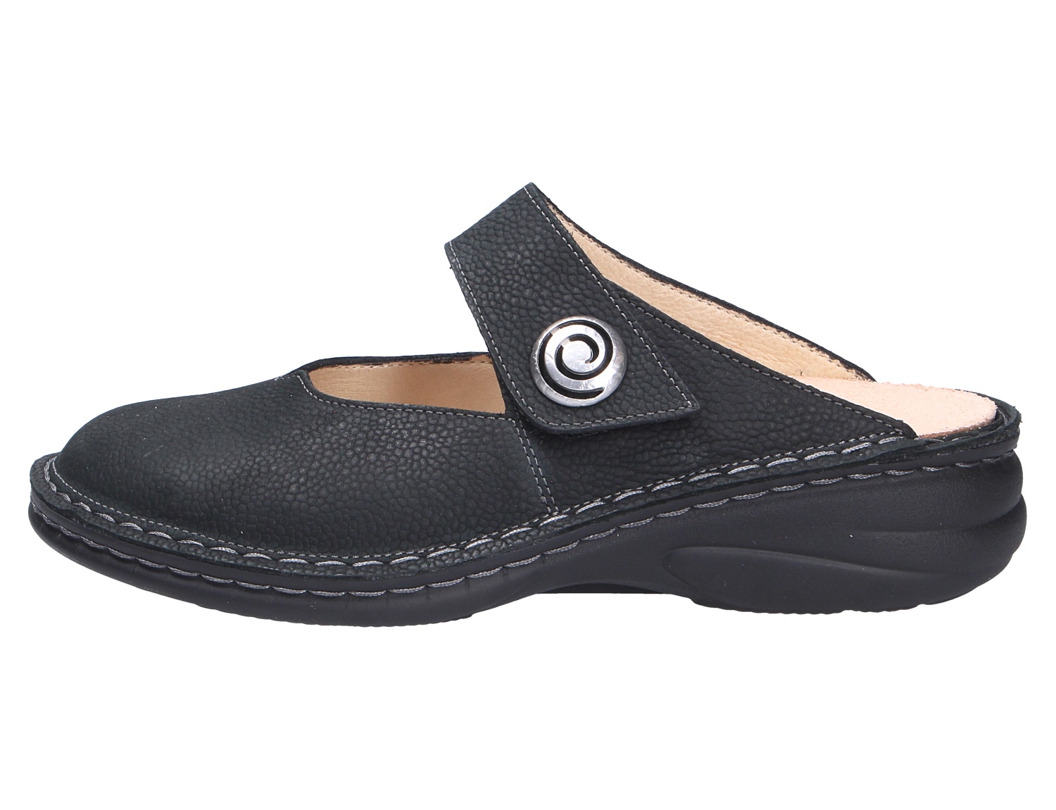 Finn Comfort CANARO Damen-Clog aus schwarzem Leder mit verstellbarem Klettverschluss, Zierknopf und komfortabler Sohle