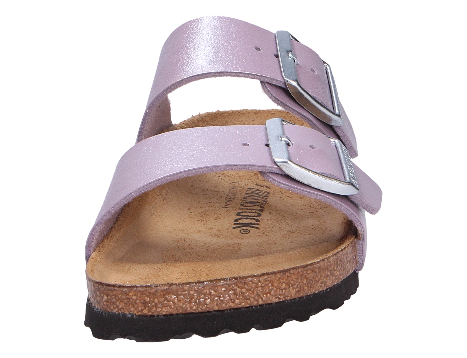 Birkenstock Arizona Sandale in Metallic-Lila, Vorderansicht mit zwei verstellbaren Riemen, silbernen Schnallen und Kork-Latex-Fußbett