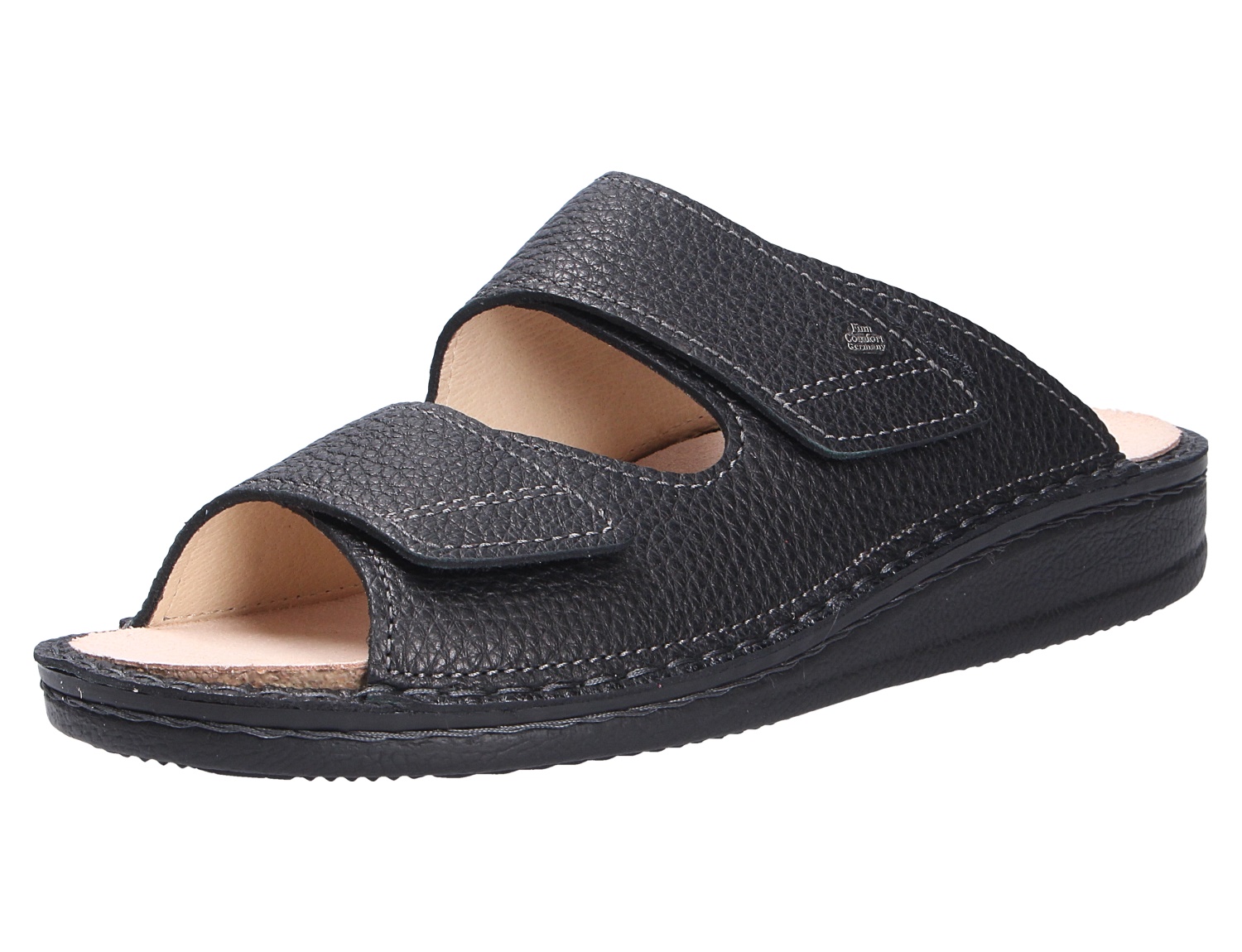 Finn Comfort Riad schwarze Pantolette aus Leder mit zwei verstellbaren Klettverschlüssen und komfortabler Sohle