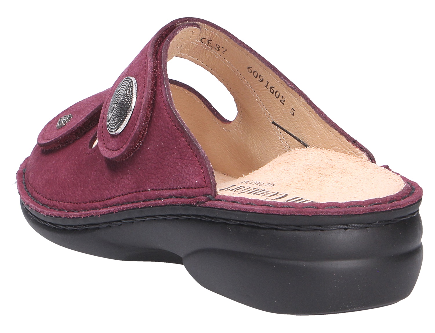 Finn Comfort SANSIBAR Damen-Pantolette in Bordeaux, offener Komfort-Hausschuh aus Leder mit Klettverschluss und schwarzer Sohle