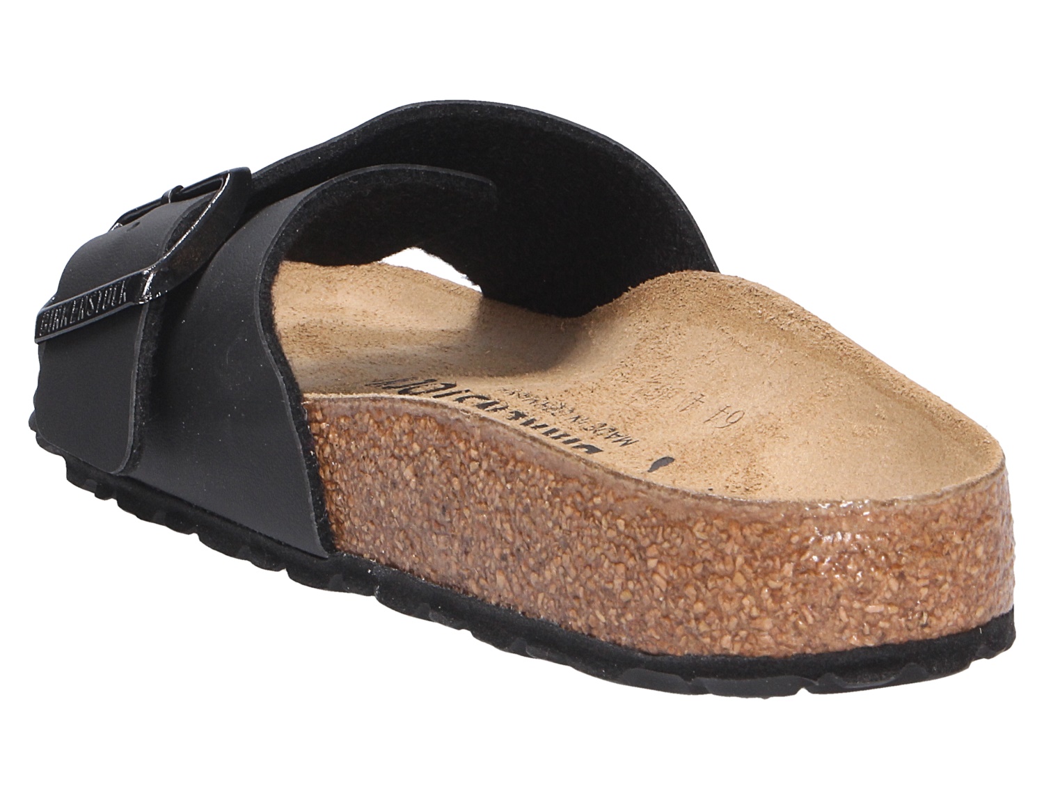 Birkenstock Catalina Damen-Pantolette in Schwarz aus Birko-Flor, mit breitem Riemen, verstellbarer Schnalle und anatomischem Kork-Latex-Fußbett