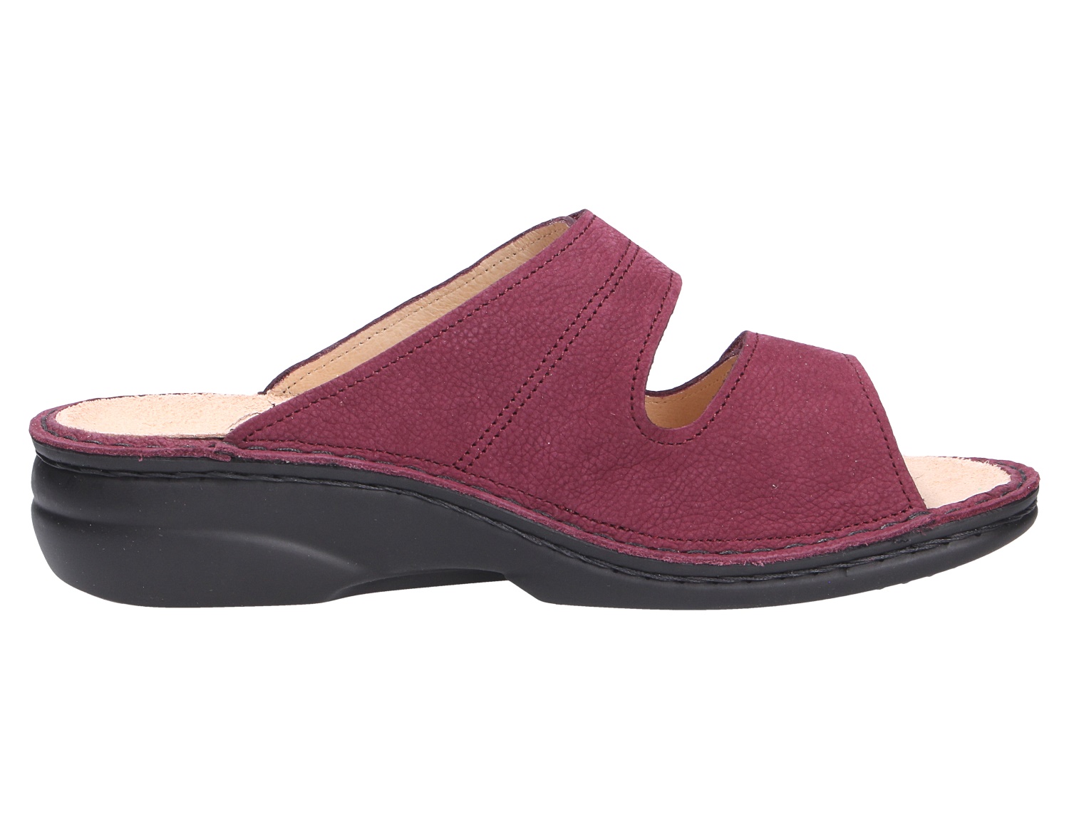 Finn Comfort SANSIBAR Damen-Pantolette in Bordeaux mit schwarzer Sohle und offenem Einstieg, seitliche Produktansicht