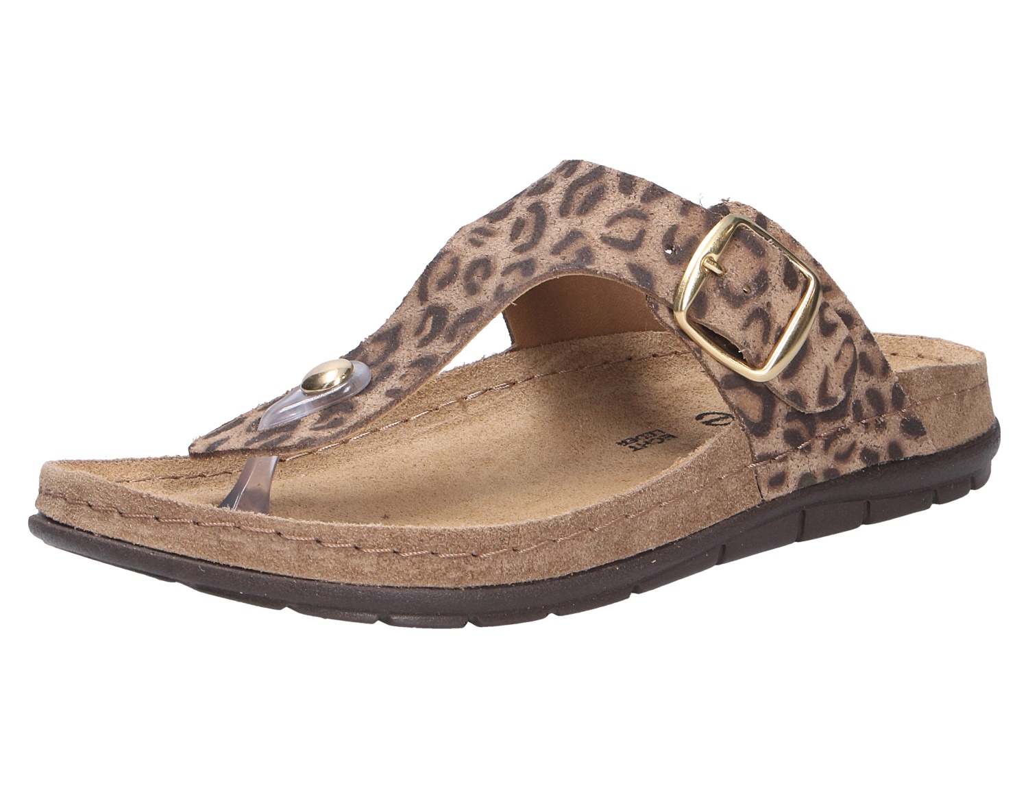 Rohde Trovo Damen-Zehentrenner-Pantolette in Taupe mit Leo-Muster, verstellbarer Goldschnalle und bequemem Fußbett