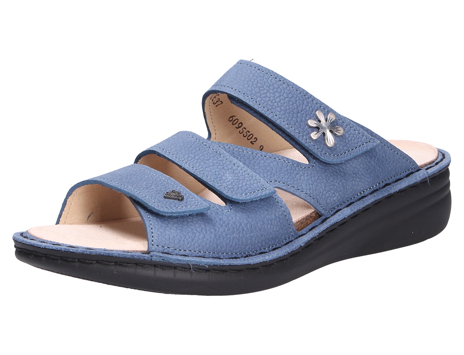 Finn Comfort GRENADA Damen-Pantolette in Blau, bequeme Sandale mit drei Klettverschlüssen, schwarzer Sohle und floralem Zierelement