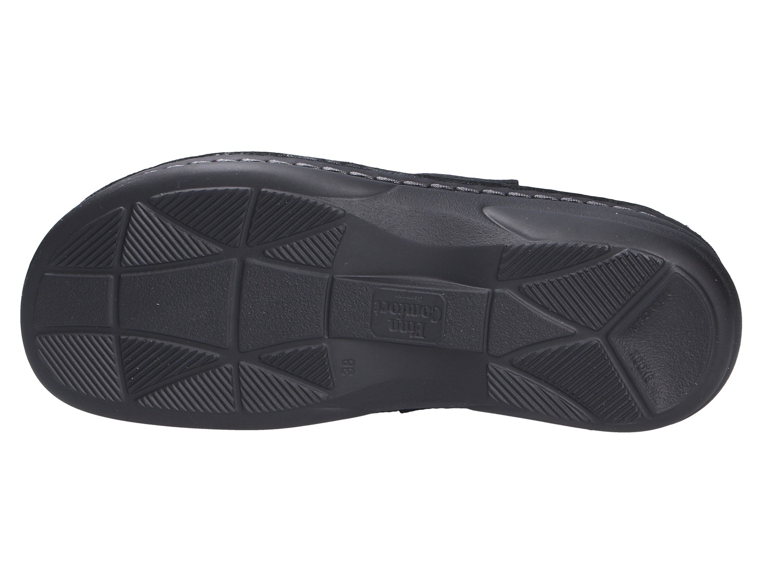 Unteransicht der schwarzen Profilsohle des Finn Comfort CANARO Schuhs mit rutschhemmendem Sohlenprofil