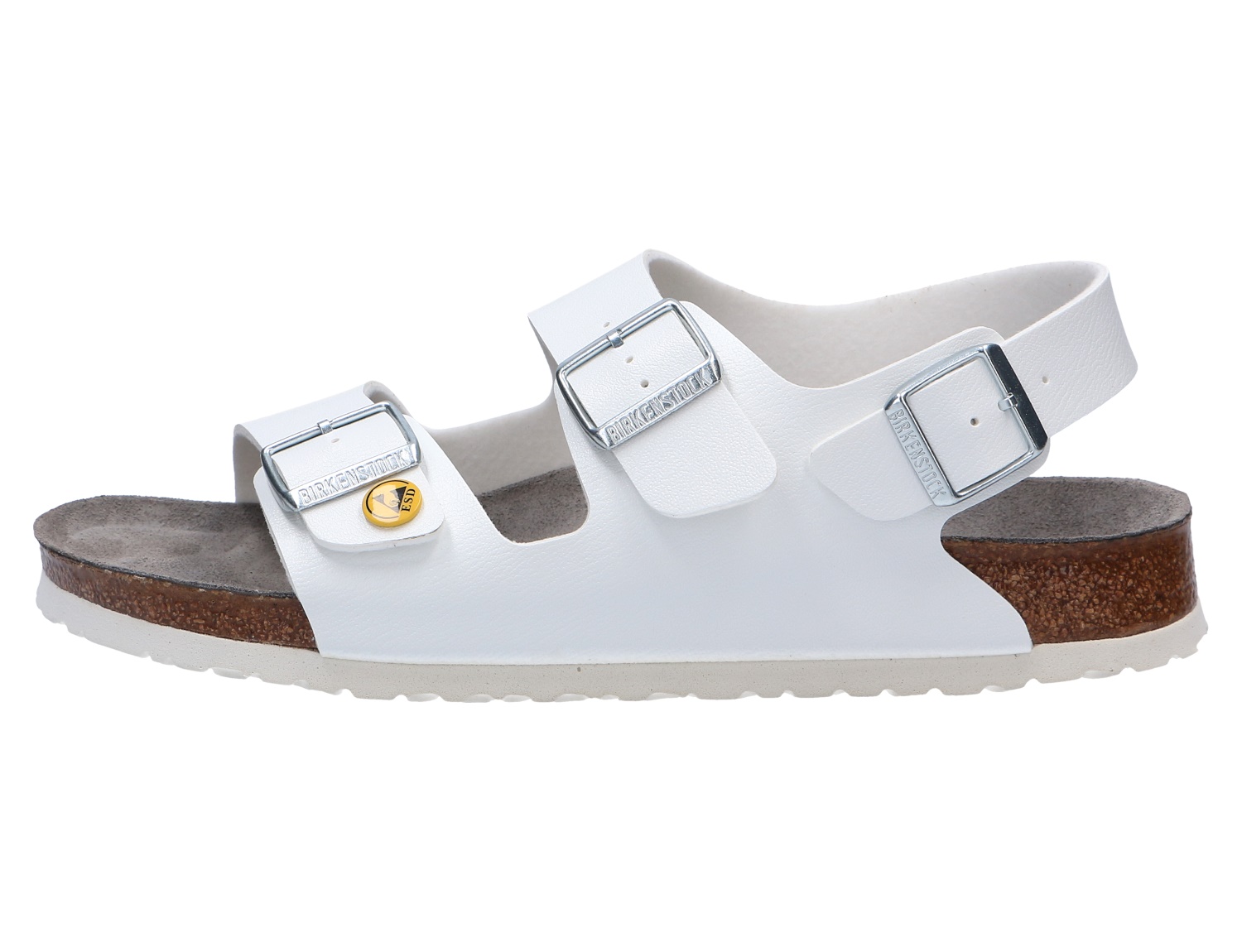 Birkenstock Milano BS ESD, weiße Herren-Sandale mit drei verstellbaren Riemen, Fersenriemen und Kork-Fußbett für luftigen Komfort und sicheren Halt im Beruf und Alltag