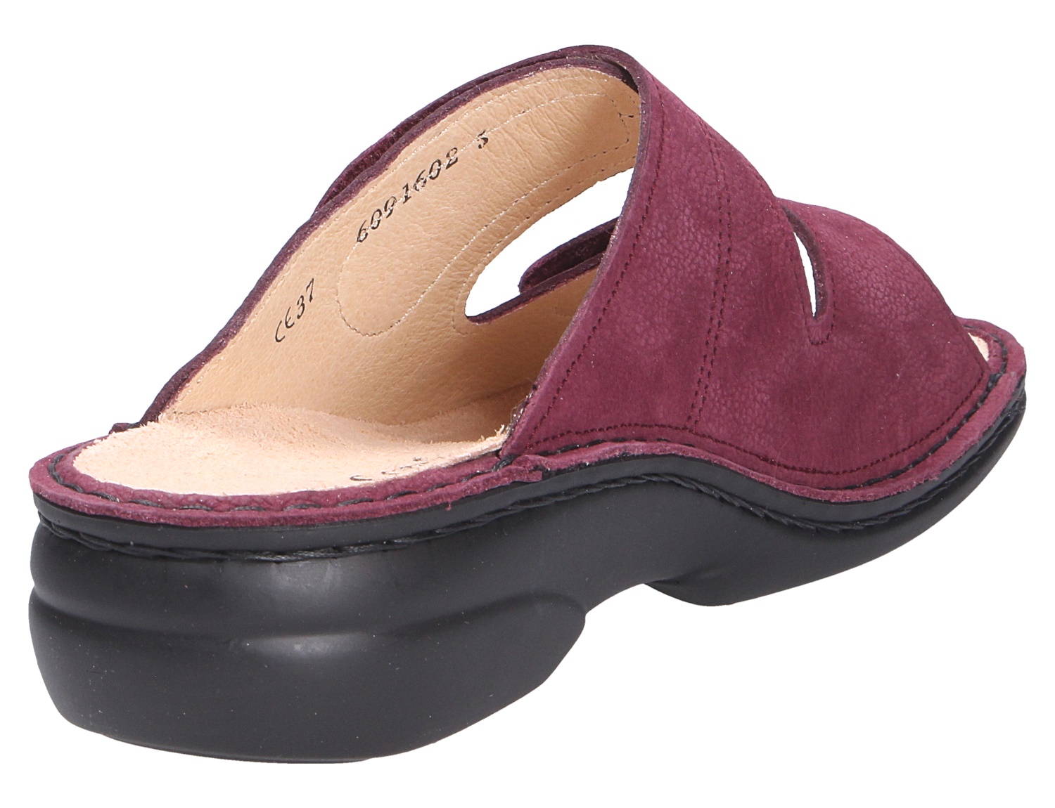 Finn Comfort SANSIBAR Damen-Pantolette in Bordeaux, bequemer Hausschuh mit weichem Leder, offener Ferse und schwarzer Komfortsohle