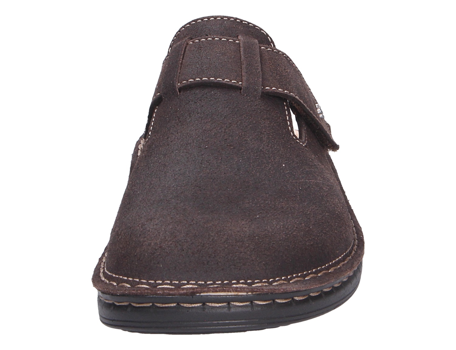 Vorderansicht des Finn Comfort PETARE Herren-Clogs aus braunem Veloursleder mit verstellbarem Riemen und komfortabler Sohle