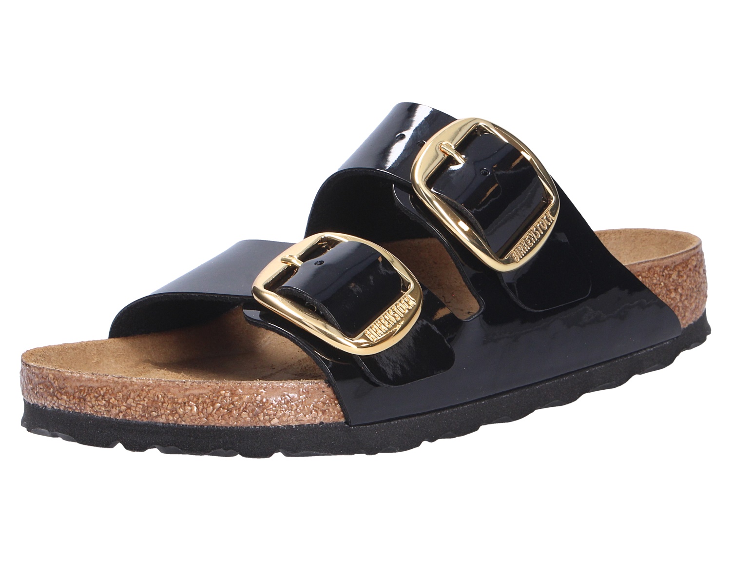 Birkenstock Arizona Big Buckle Sandale, schwarz glänzend mit zwei breiten Riemen, großen goldenen Schnallen und Kork-Latex-Fußbett