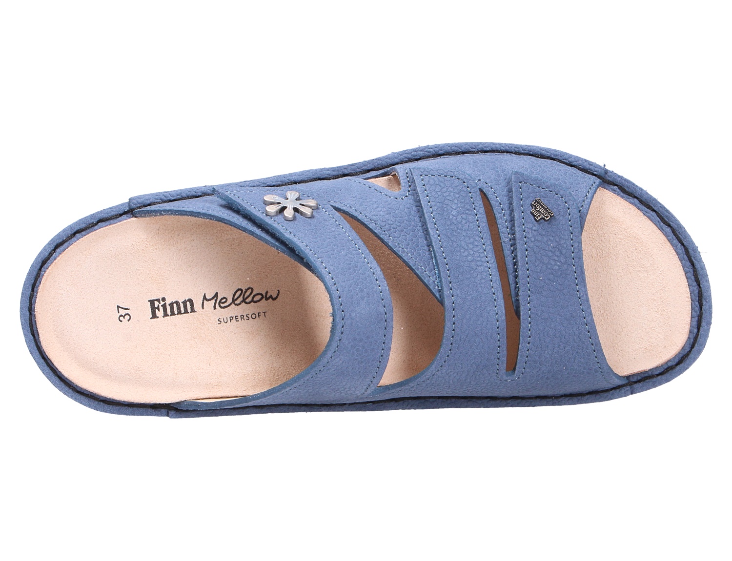 Finn Comfort GRENADA Damen-Pantolette in Blau mit Klettverschluss, Zierblüte und bequemer Fußbettsohle, Ansicht von oben