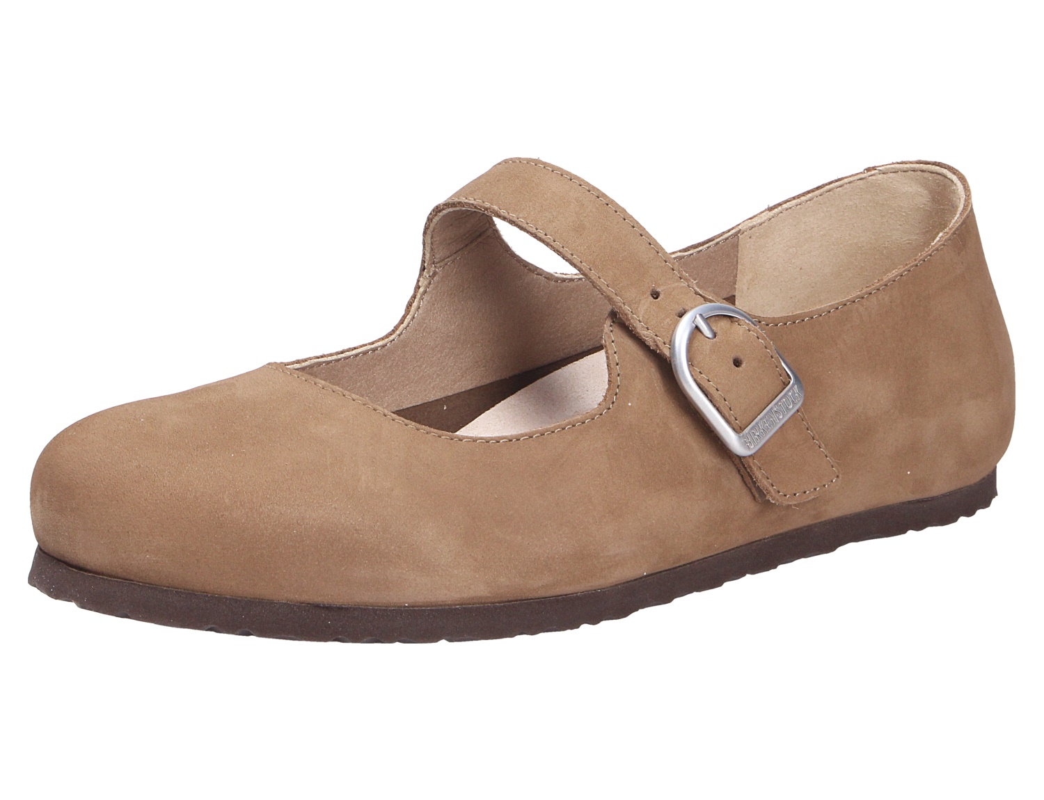 Birkenstock Santa Clarita Damen-Spangenschuh aus taupefarbenem Nubukleder mit verstellbarem Riemen und flacher Sohle
