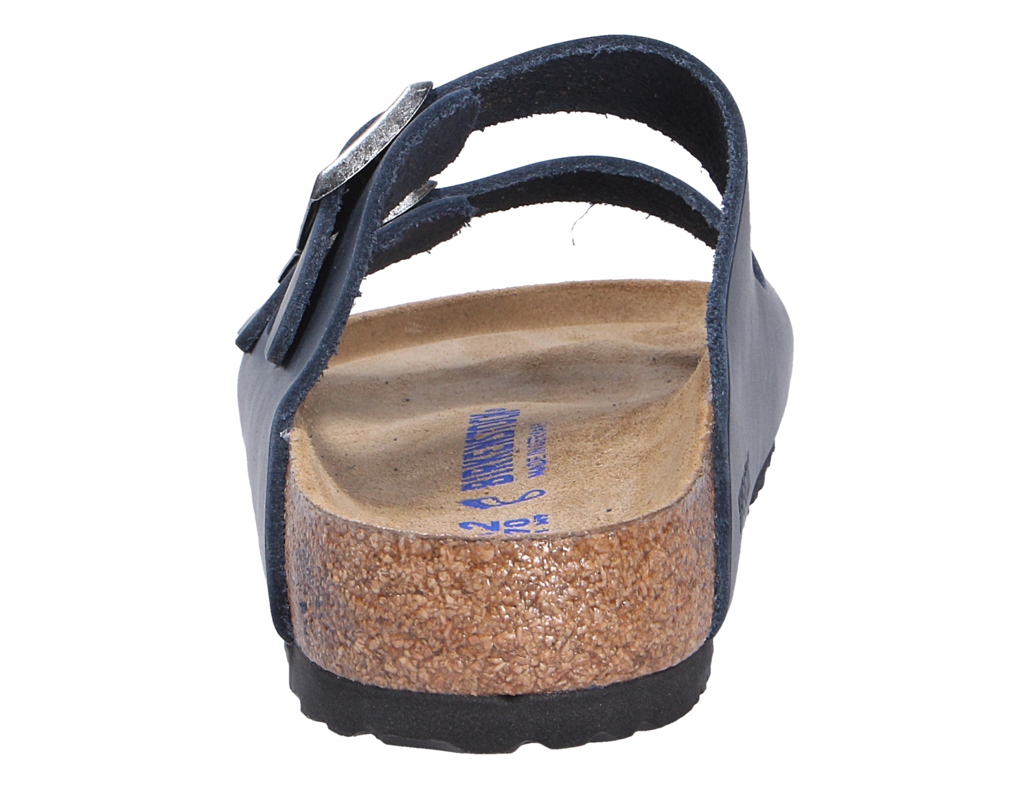 Rückansicht der Birkenstock Arizona SFB Pantolette in Dunkelblau mit Doppelriemen, Weichbett-Fußbett und Korksohle aus Fett-Nubukleder