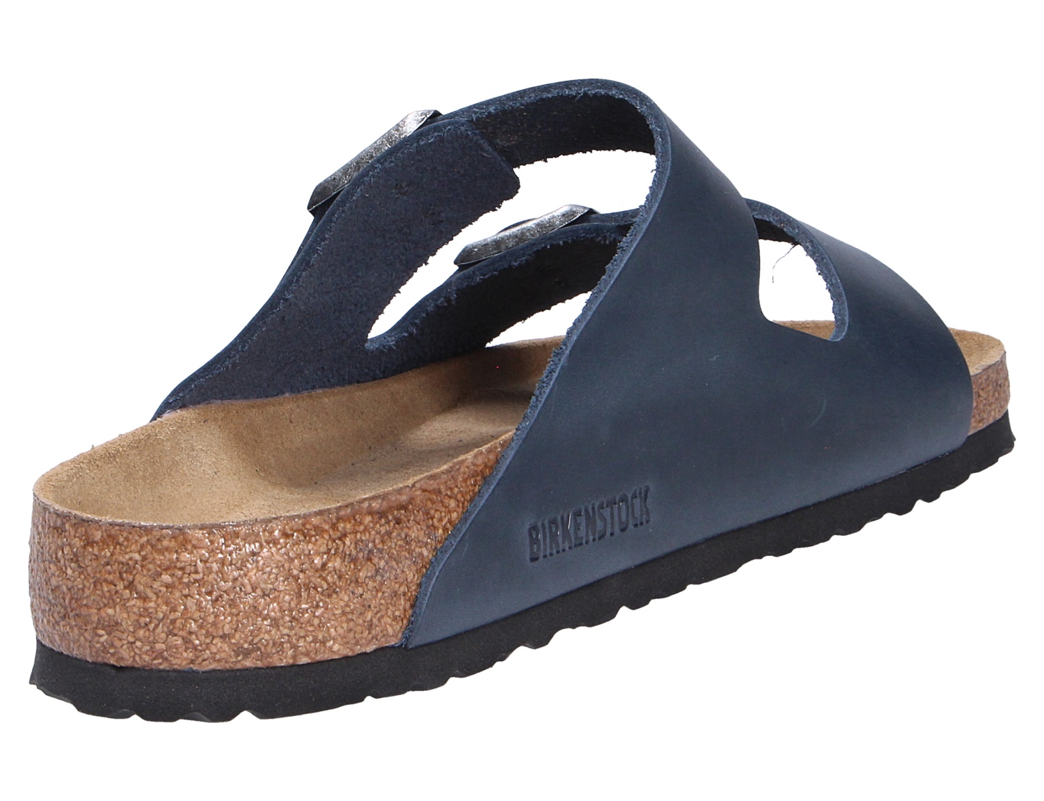 Birkenstock Arizona SFB Pantolette mit zwei Riemen aus dunkelblauem Fett-Nubukleder und weichem Fußbett, seitliche Ansicht
