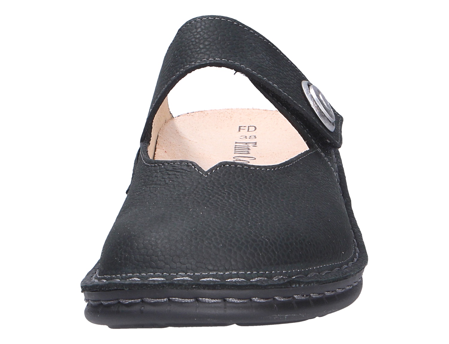 Vorderansicht des schwarzen Finn Comfort CANARO Damen-Slippers aus Leder mit Riemen und Knopfdetail