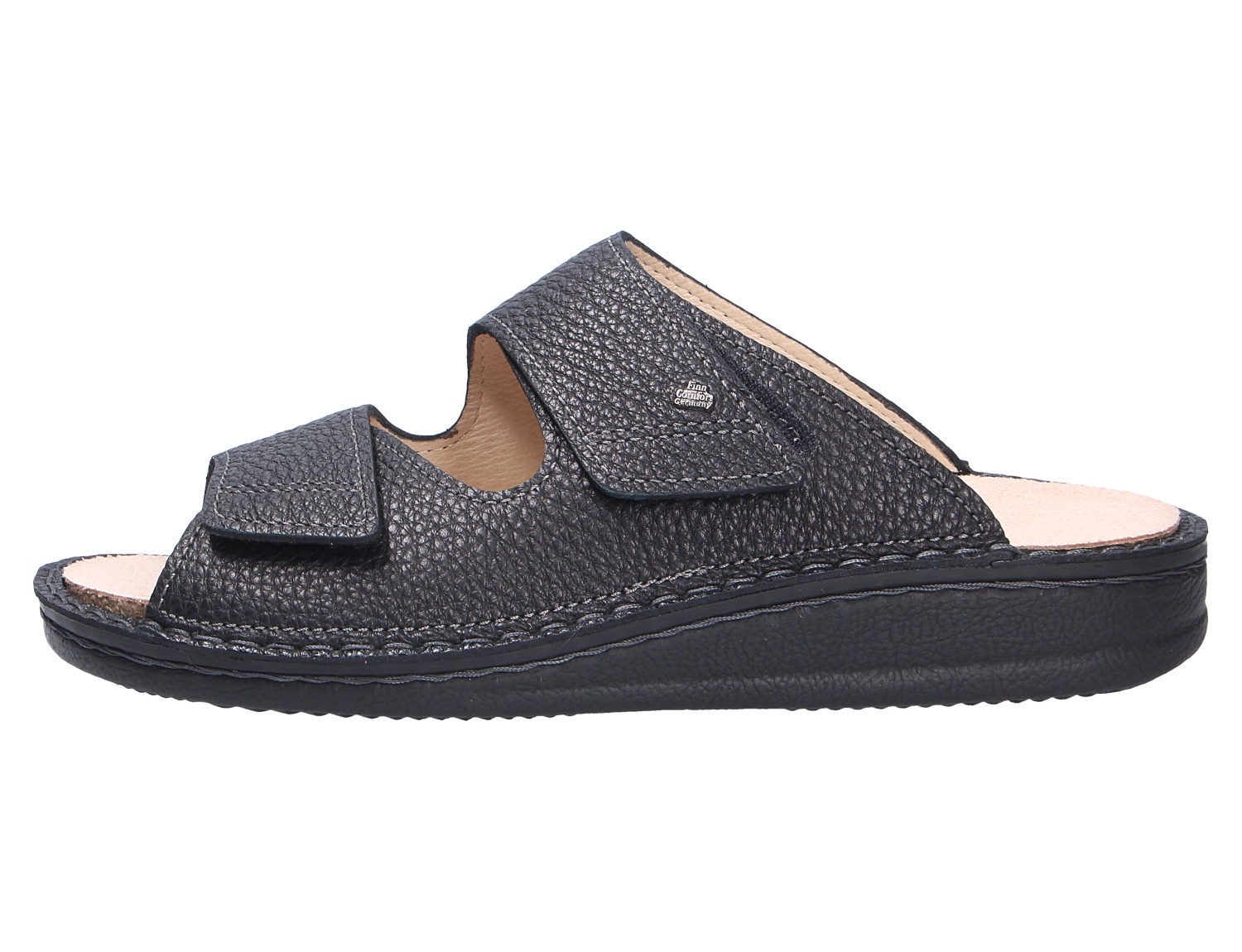 Finn Comfort Riad, schwarze Leder-Pantolette mit zwei verstellbaren Klettverschlüssen und Komfortsohle in Seitenansicht