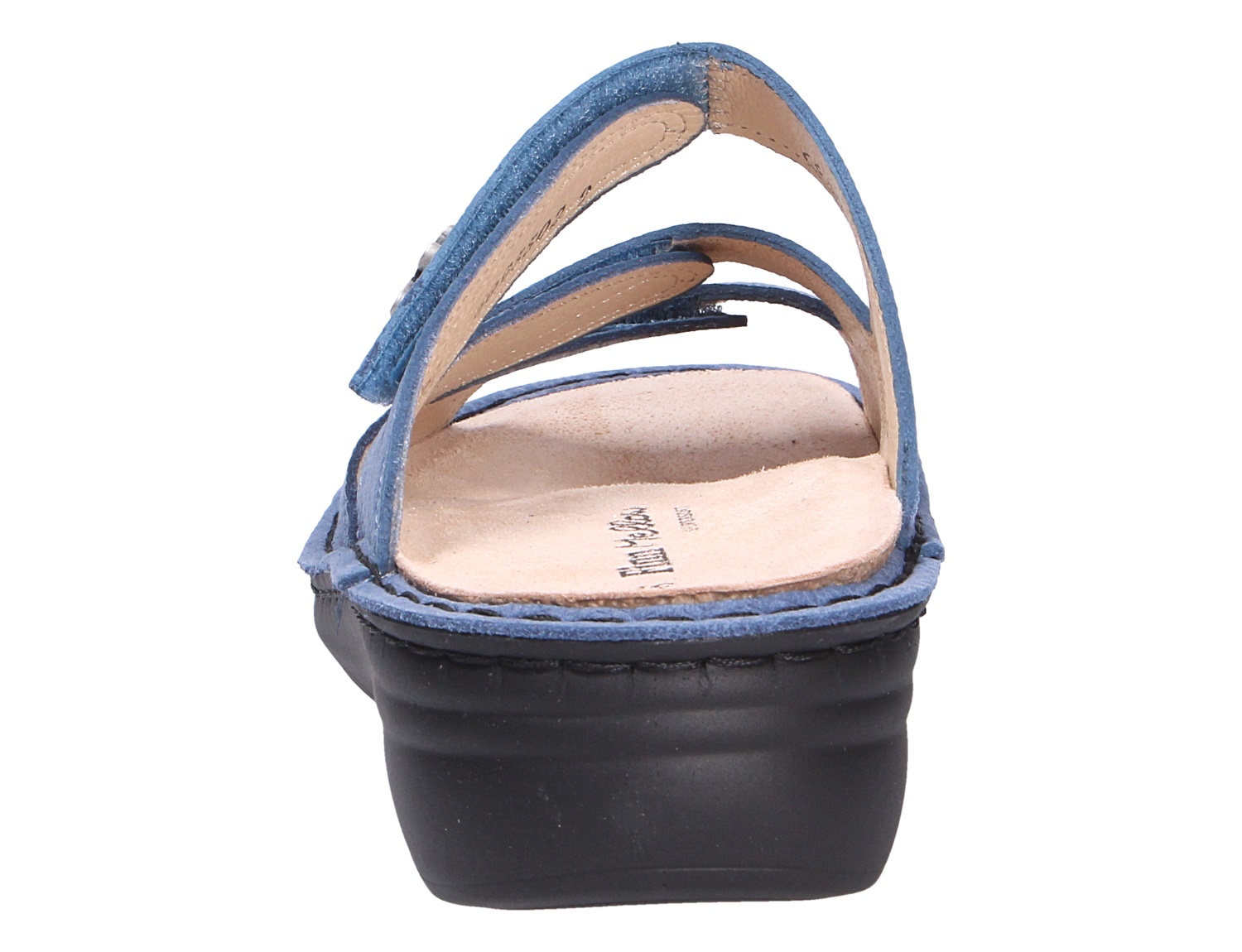 Rückansicht der blauen Finn Comfort Sandale GRENADA mit Keilsohle, Fußbett und verstellbaren Riemen
