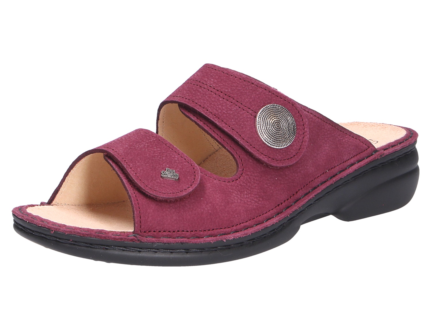 Finn Comfort SANSIBAR Damen-Pantolette in Bordeaux, offene Komfort-Pantolette mit zwei Klettverschlüssen und schwarzer Sohle